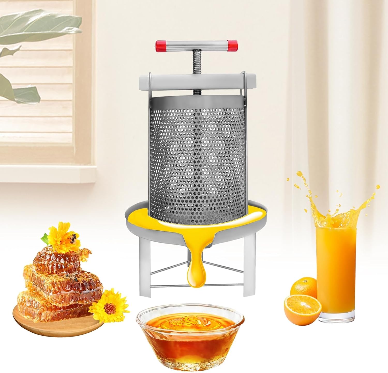Fruit Wine Press, 2.6 Gallon Stainless Steel Fruit Honey Presser, Apple Cider Press Juice Crusher Cider Press for Juice Wine Beeswax Making
