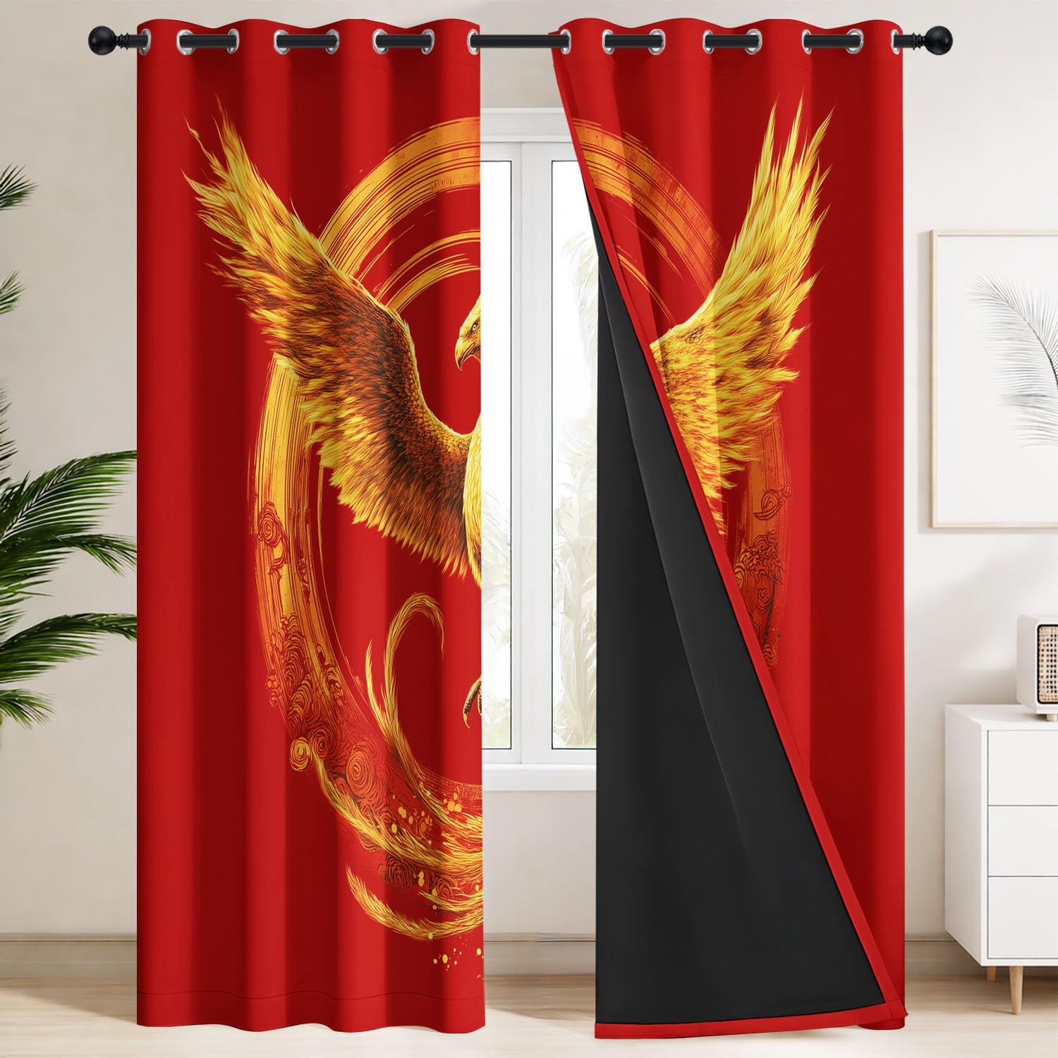 Générique Rideau Occultant Classique Festif Lot de 2 L 140 x H 220 cm Phénix Doré Nuages Cercle Rideaux Imprimés en Polyester à Oeillets Isolant Thermique Anti Froid pour Salon et Chambre d'enfant