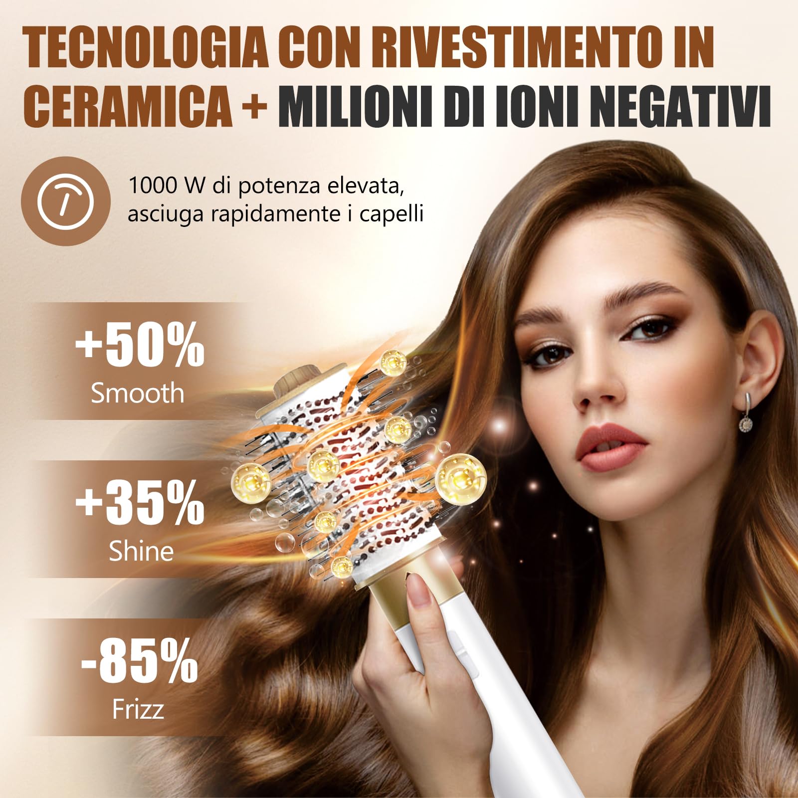 Spazzola Ad Aria Calda 6 in 1, 1-Step Styler, Asciugacapelli rotante con tecnologia ceramica, Tecnologia a Ioni, 1000 W, multiuso per asciugare, arricciare e lisciare (Bianco)