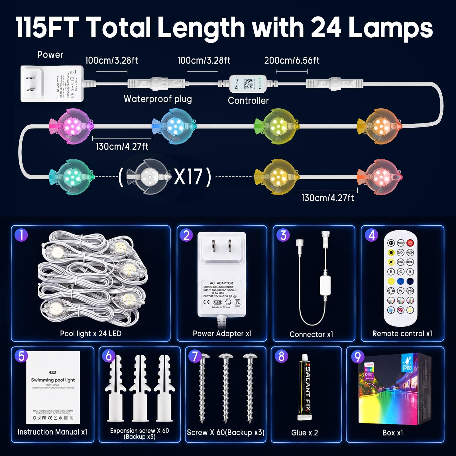 Illuminazione per laghetto RGB, 35 m, 24 in 1, luci subacquee con app e telecomando, 16 milioni di colori, scene fai da te e 44 modalità di illuminazione, IP68, illuminazione per piscina