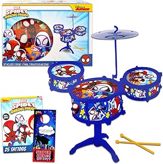 Spidey and His Amazing Friends Drum Set for Kids - Bundle with Spiderman Drum Music Set, Spidey Tattoos, More | Spidey and Friends Musical Toys for Toddlers