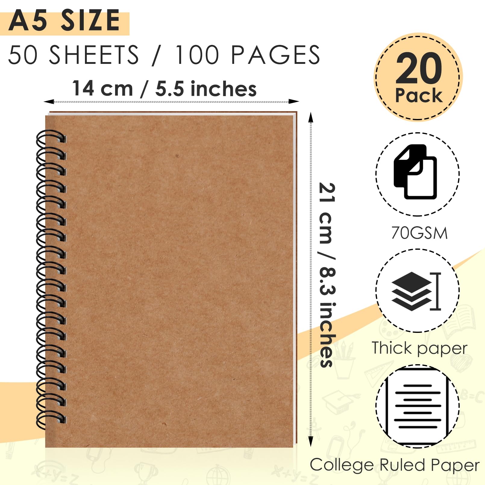 20 quaderni a spirale A5 a righe, in carta kraft marrone, con copertina morbida, 60 fogli ciascuno, quaderni a righe universitari per lavoro, studio, prendere appunti, confezione bulk
