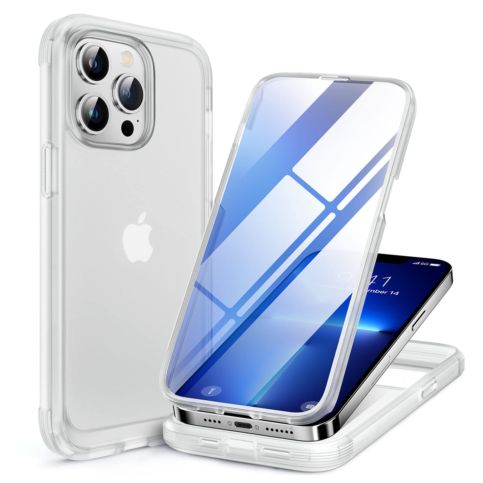 miracase Glass Case for iPhone 13 Pro Max 6.7 inch, 2023 Upgrade Full-Body Clear Bumper Case with Built-in 9H Tempered Glass Screen Protector for iPhone 13 Pro Max, Matte White