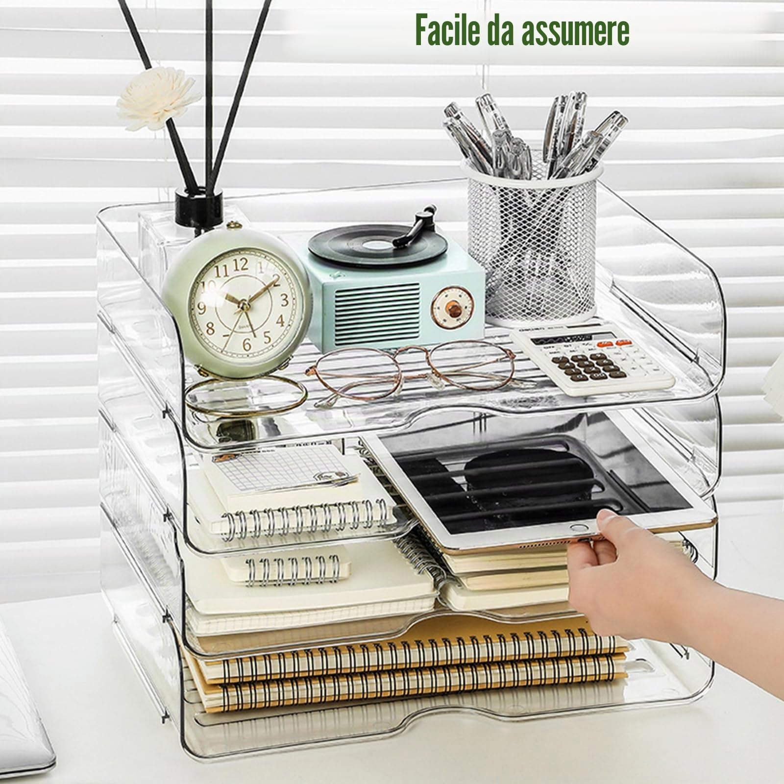 Vaschetta portadocumenti trasparente a 4 ripiani, in acrilico, impilabile, per formato A4, robusta e impilabile, in plastica PET, per casa, ufficio, scuola, ripiano in carta, 33 x 25 x 7 cm