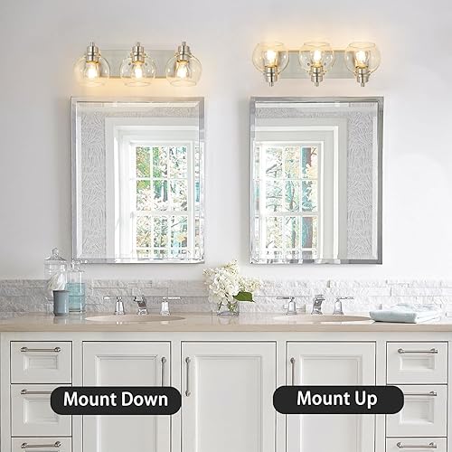 Miniatura 7 de Tuscarora Lámpara de baño, lámpara de tocador de níquel cepillado de 3 luces con pantalla de vidrio transparente, accesorios de iluminación para
