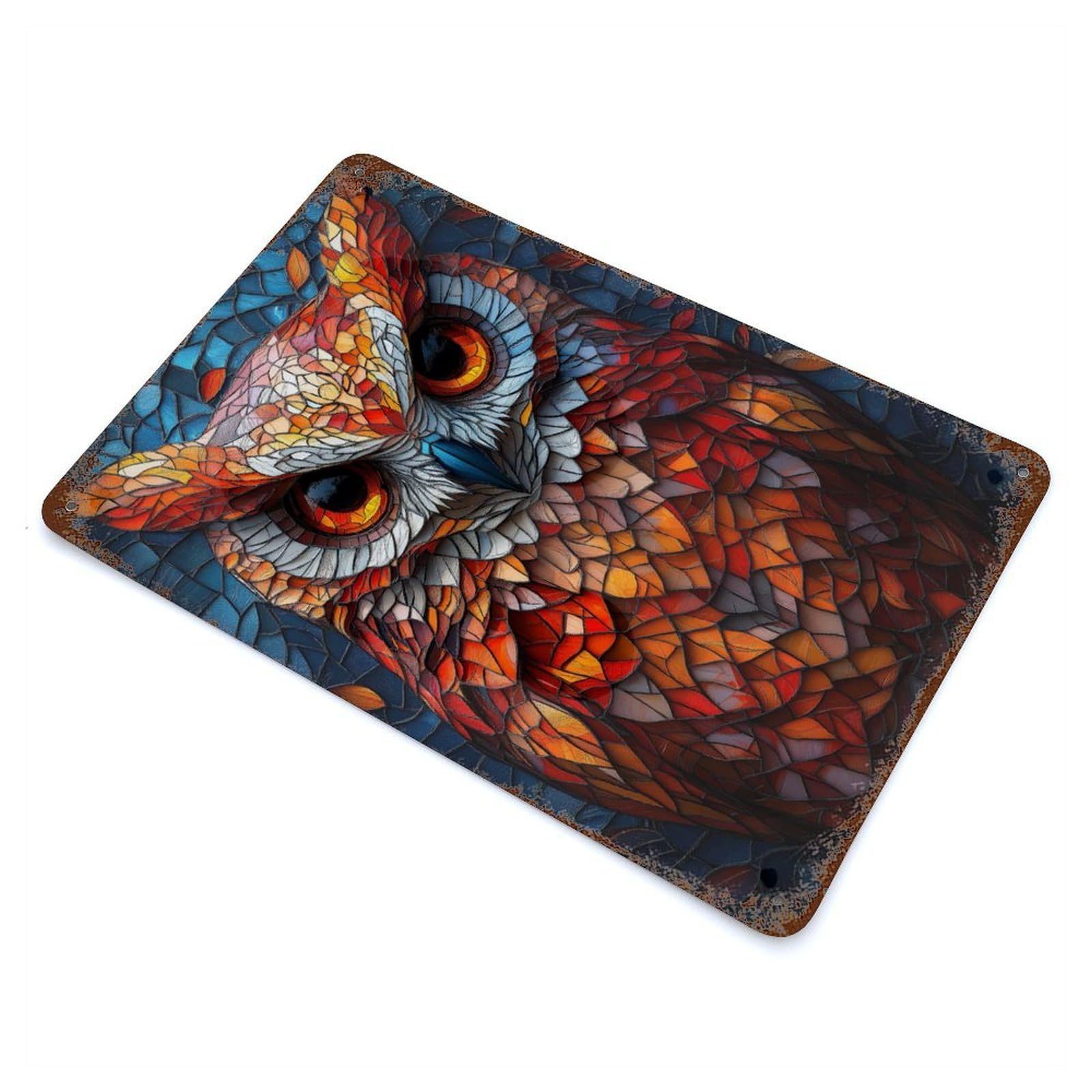 Stained Glass Owl Weathered Tin Sign 11.8"x7.9", Ideal for Shed, Workshop And Garage Wall Decor