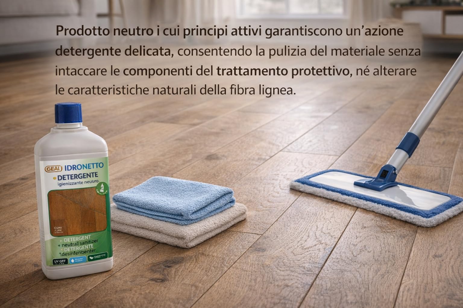 IDRONETTO GEAL Conf. 5 x1 Litro, Detergente Neutro Igienizzante per Parquet e Pavimenti in Legno – Formula Concentrata, Senza Risciacquo.