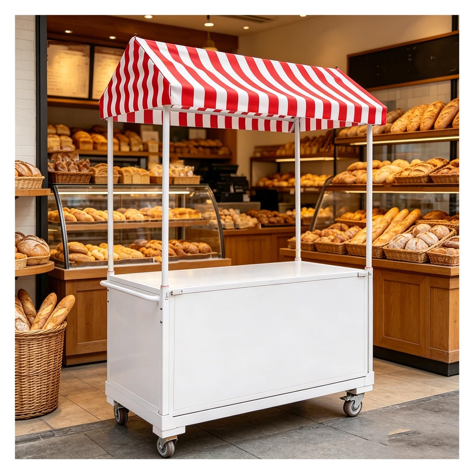 bacedifo Metal Market Stall Display Rack, Lockable Swivel Casters, Foldable Outdoor Markets Cart, Striped Canopy, Semi-enclosed Storage Cabinet, Product Display Stalls