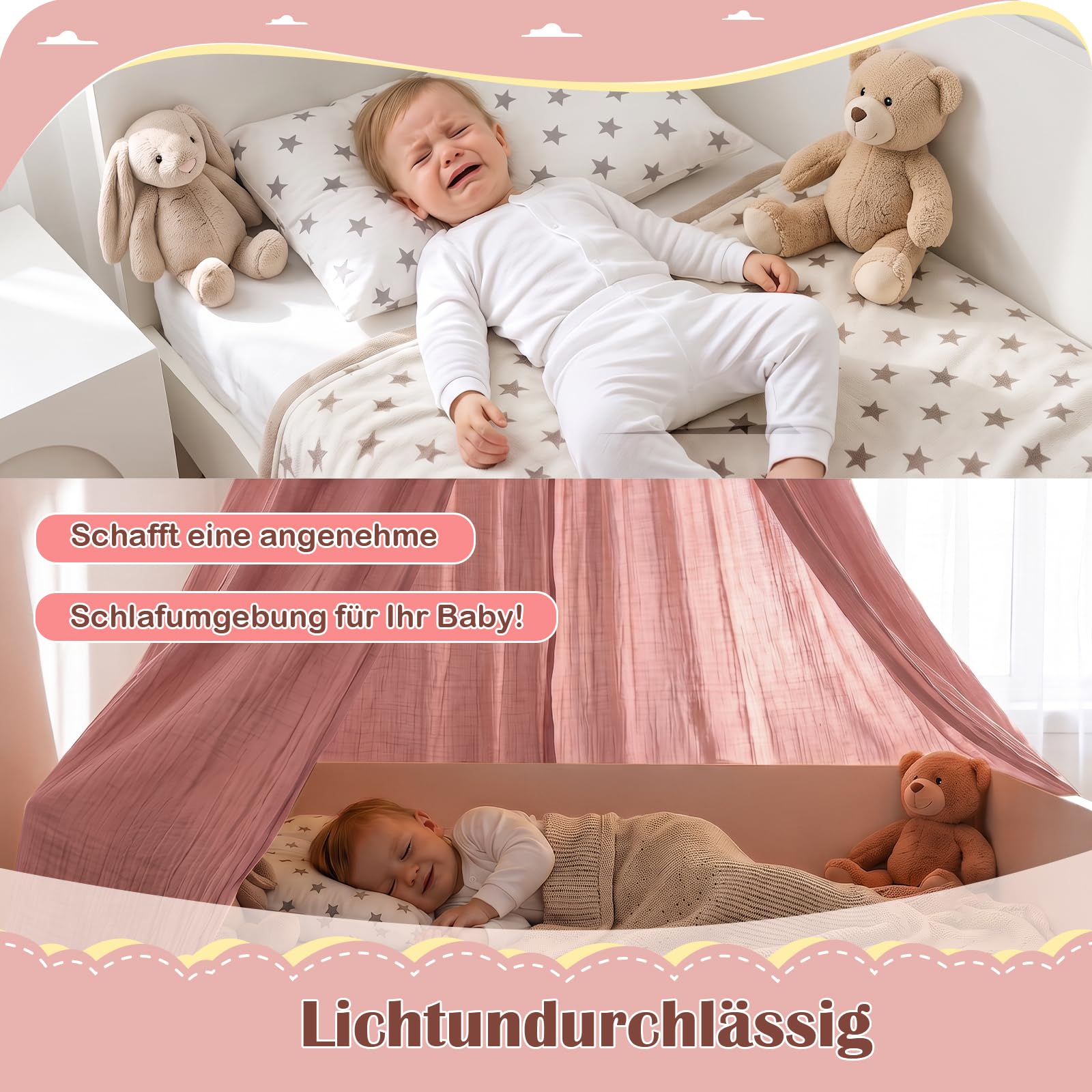 Hausbett Himmel - Betthimmel Hausbett aus 100% Baumwolle Musselin, Hausbett Vorhang für Kinderbett, Hausbett Deko Mädchen, Stoffhimmel für Hausbett & Himmelbett (Rosa, H350 x B135 cm (2 Stück))