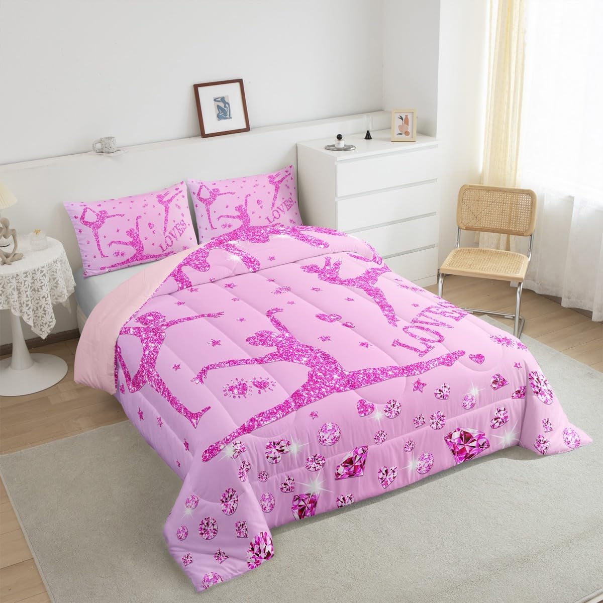 Erosebridal Kids Glitter Gymnastics Bedding Comforter Sets Full Girls Pink Sequins Diamond Bedding Set for Gymnast,Gymnastics Lover Comforter Set Love Hearts Stars Quilt Duvet Insert 2 Pillow Cases
