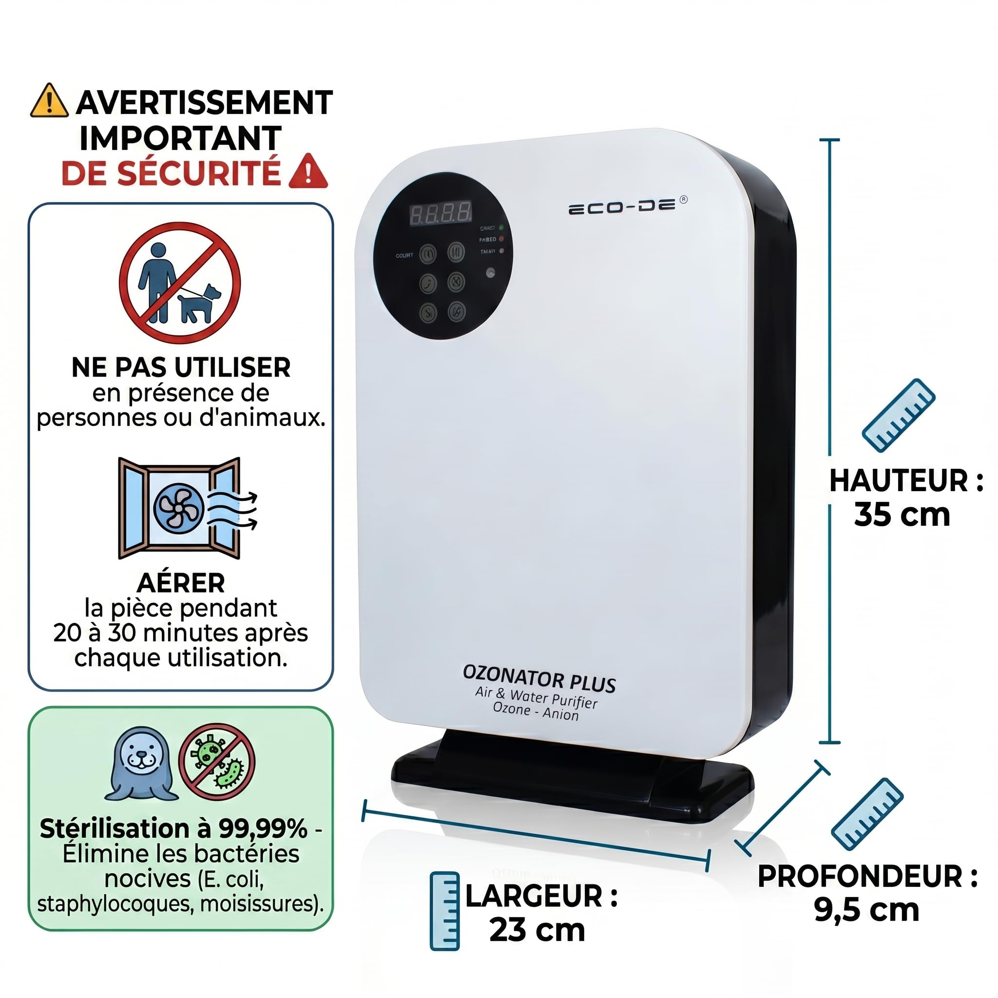 ECODE® Générateur d'ozone Purificateur d'air et d' Eau,Ozonator Plus, Machine à Ozone pour Purification et Élimination des Odeurs, Télécomande, Enlève les Pesticides sur Légumes, Fruits Ozone 500mg/h