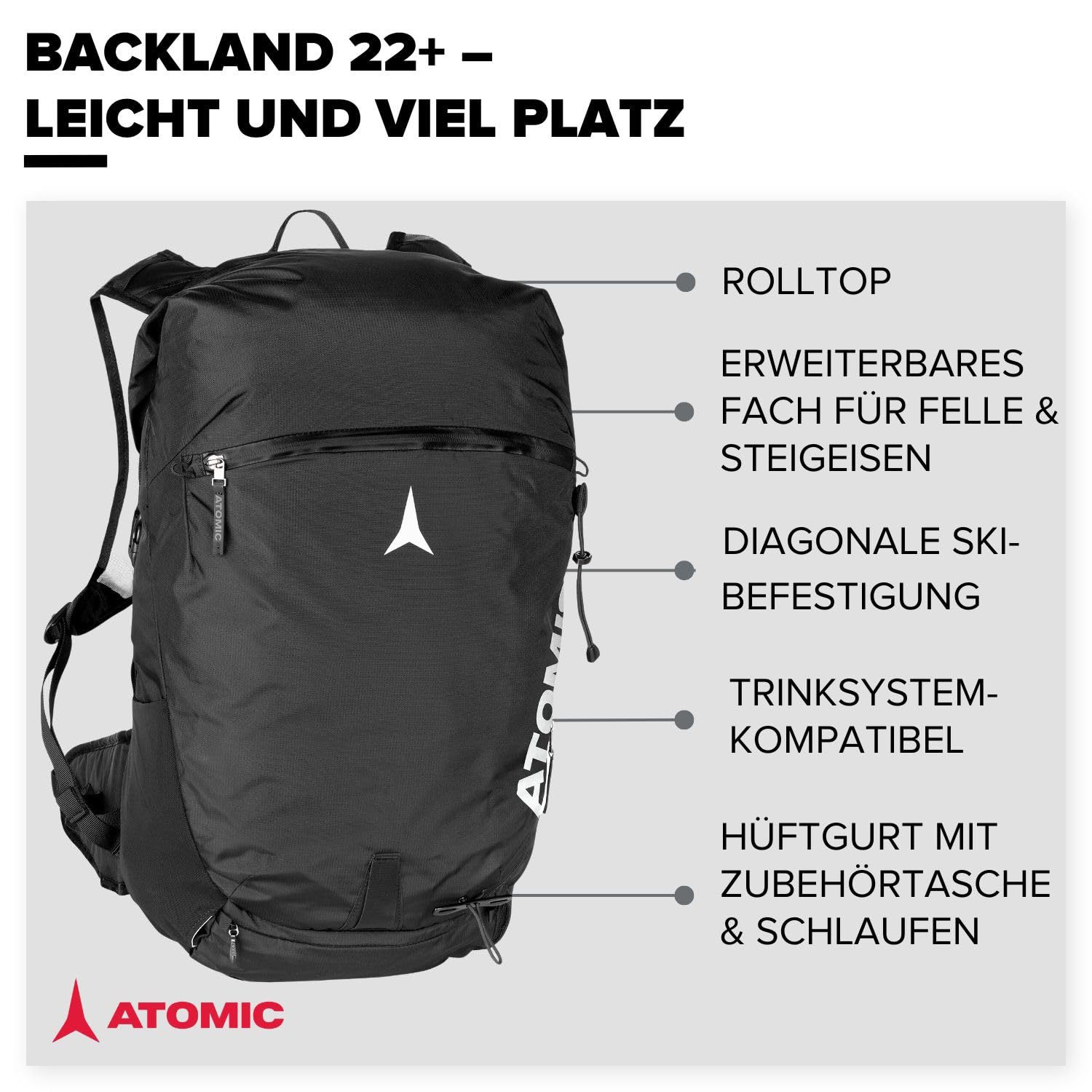 ATOMIC Backland 30+, zaino da sci leggero con chiusura rolltop, zaino da trekking alpino, con spazio di oltre 30 l, robusto e versatile zaino da sci con cintura in vita