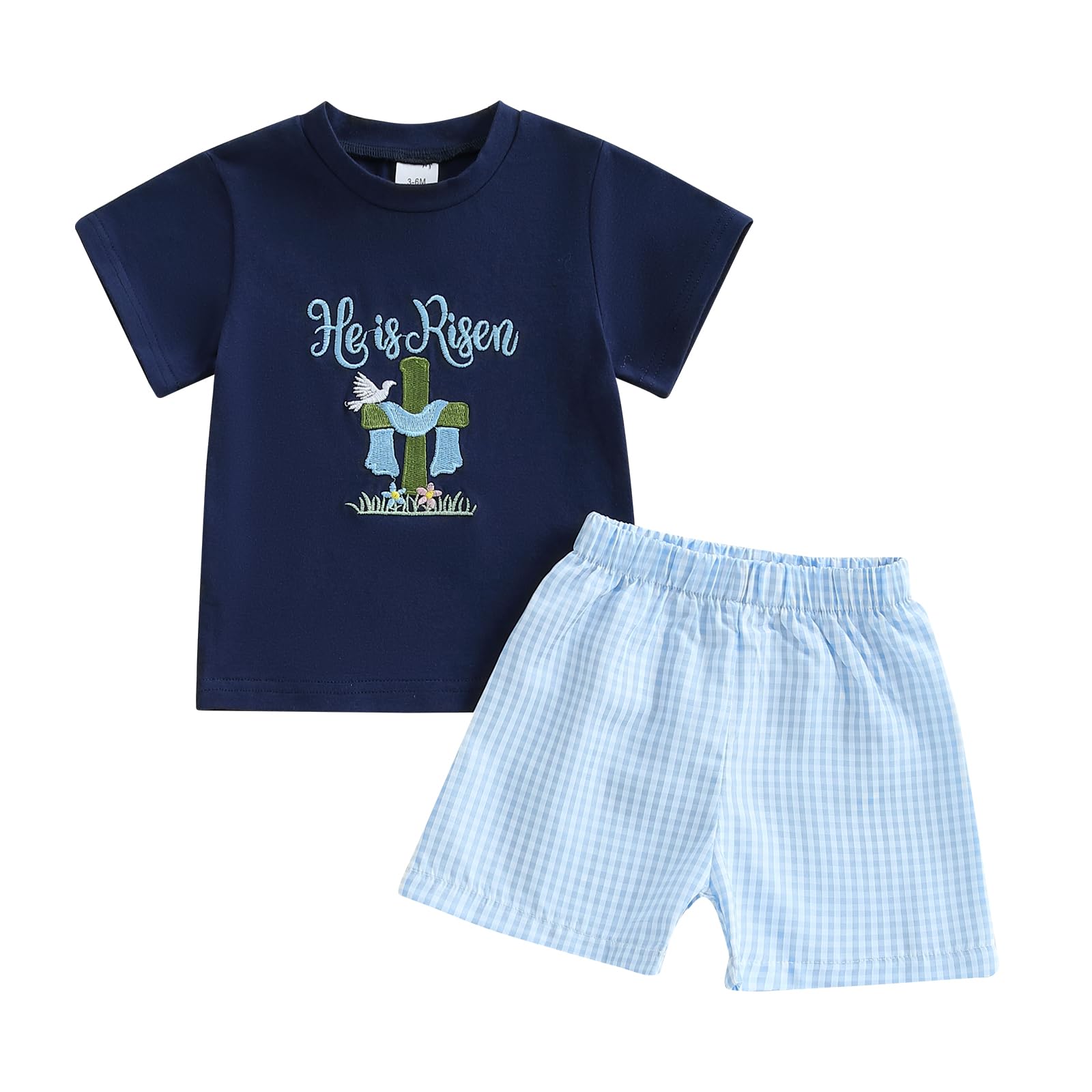 Toddler Baby Boy Easter Outfit Bunny/Cross Short Sleeve Shirt Tee Plaid Shorts Easter Summer Clothing Set (He is Risen Navy,12-18 Months)