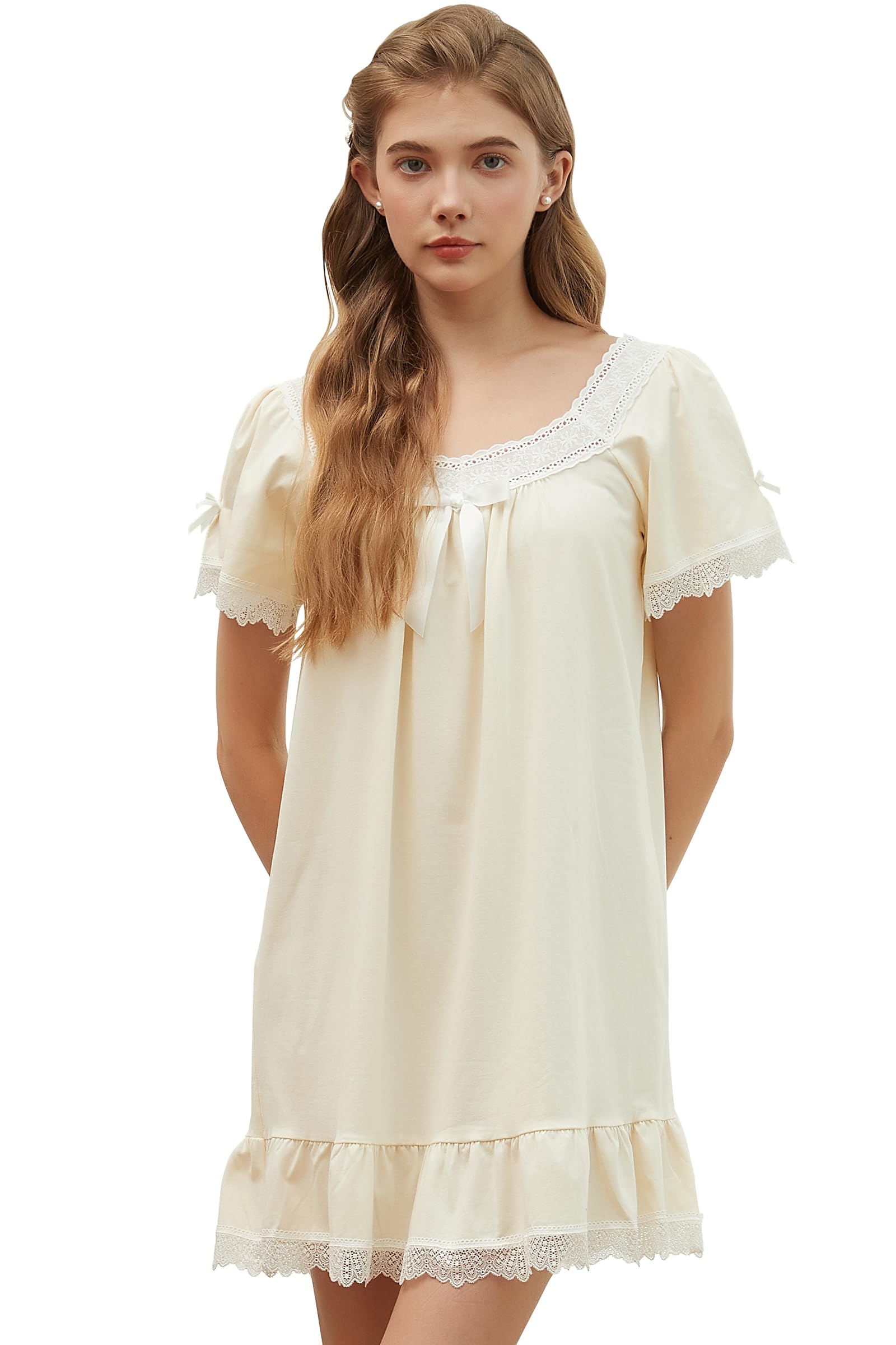 Nanxson Cotton Nightgown for Women Short/Long Sleeve Princess Nightdress Victorian Nightwear Lace Ruffled Nighties with Bow