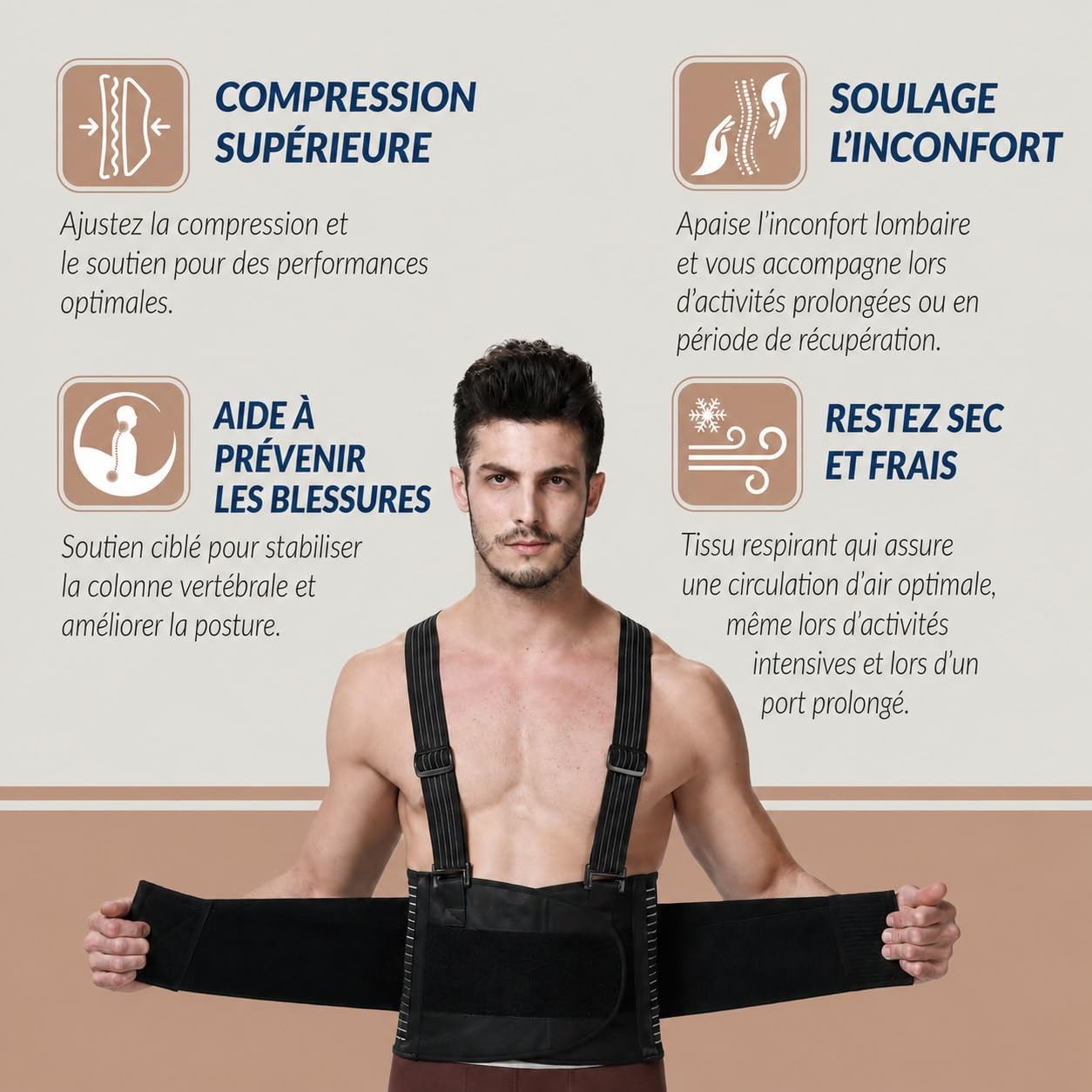NEOtech Care Ceinture Lombaire Bretelles Soutien Dos Compression Réglable Correction Posture Noire Taille XL