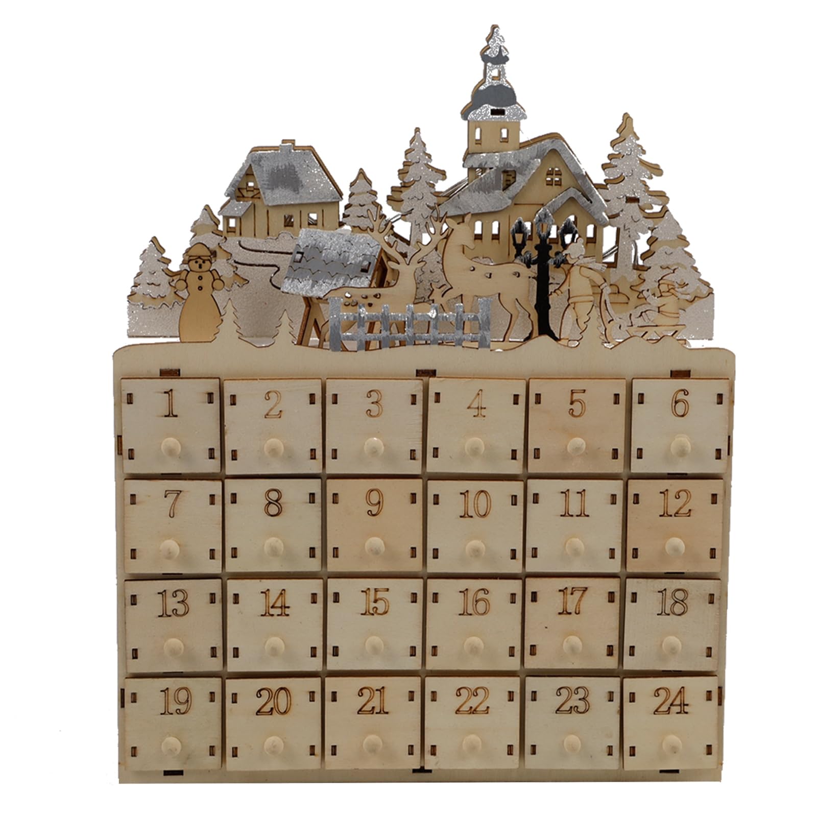 MorTime LED 24 Day Wooden Advent Calendar Decorated with Christmas Tree Reindeer Cabin Pagoda Fence, Lighted Countdown to Christmas Calendar, 24 Storage Drawers