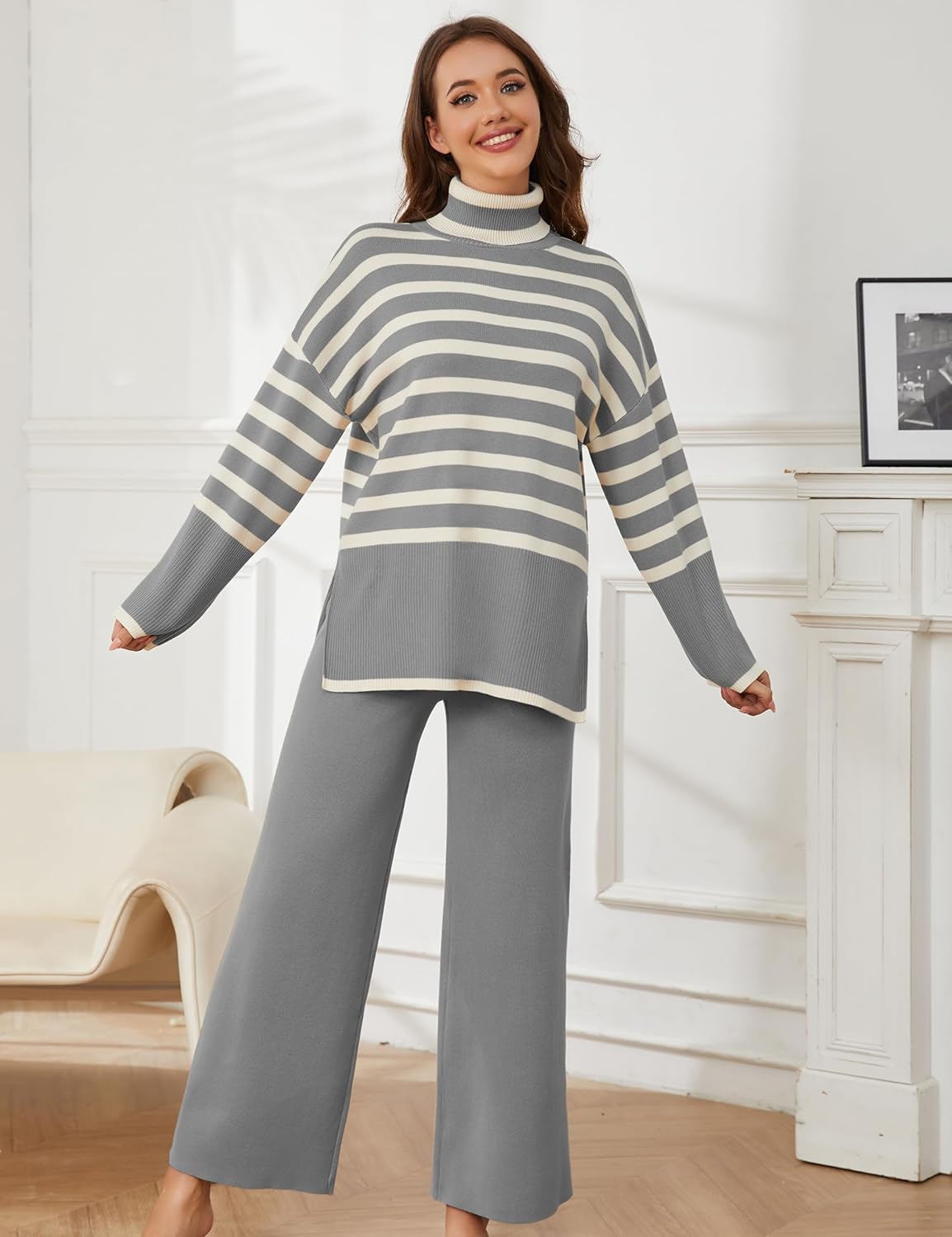 Tanming Women's Sweater Sets Long Sleeve Striped Jumper Tops Casual Knit Wide Leg Pants Sets - Image 3
