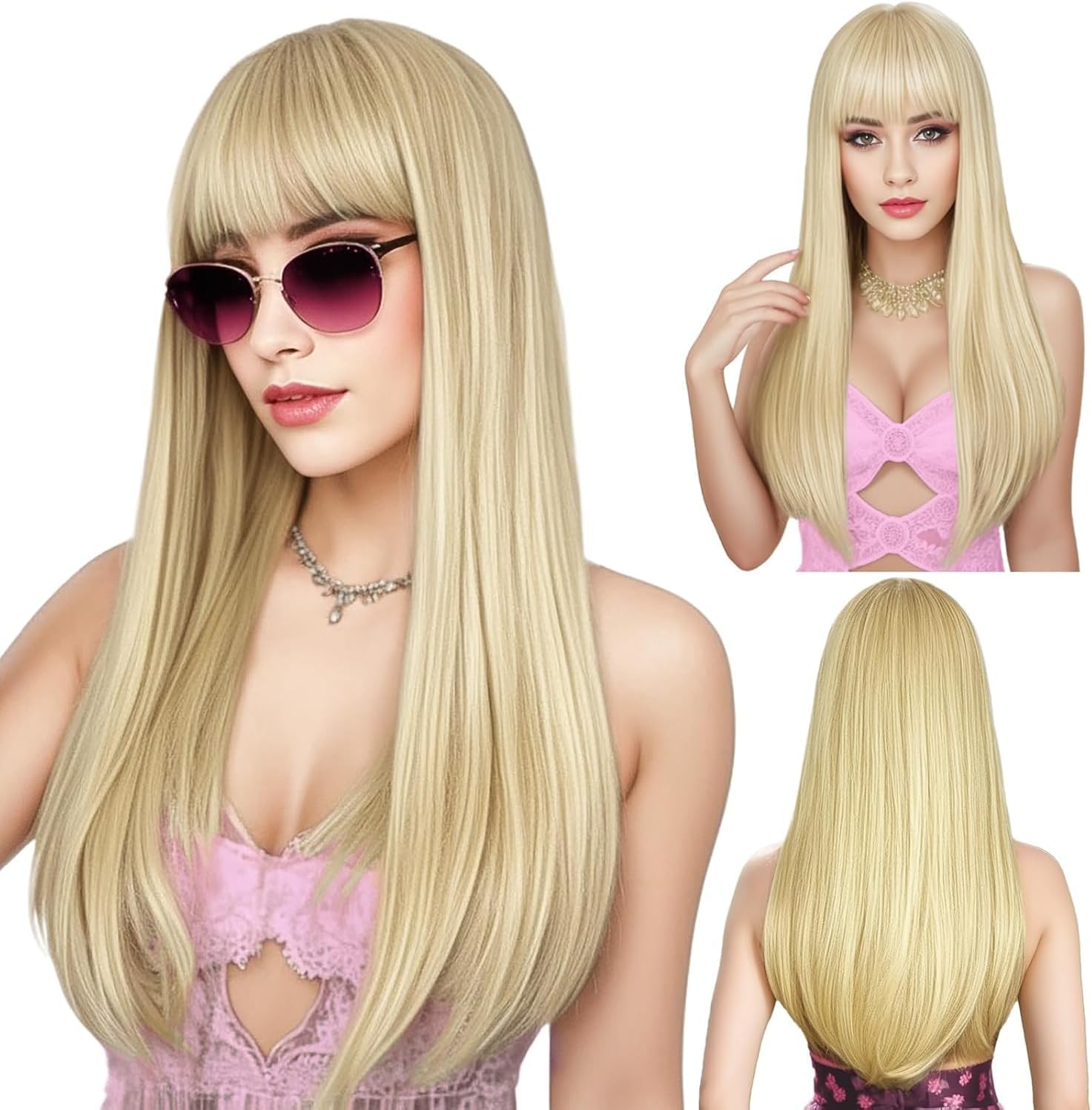 - Gold Wigs Human Hair Mixed Synthetic with Bangs, Long Straight Honey Blonde Hair, Silky and Lightweight Wig for Women, Ideal for Cosplay and Costumes