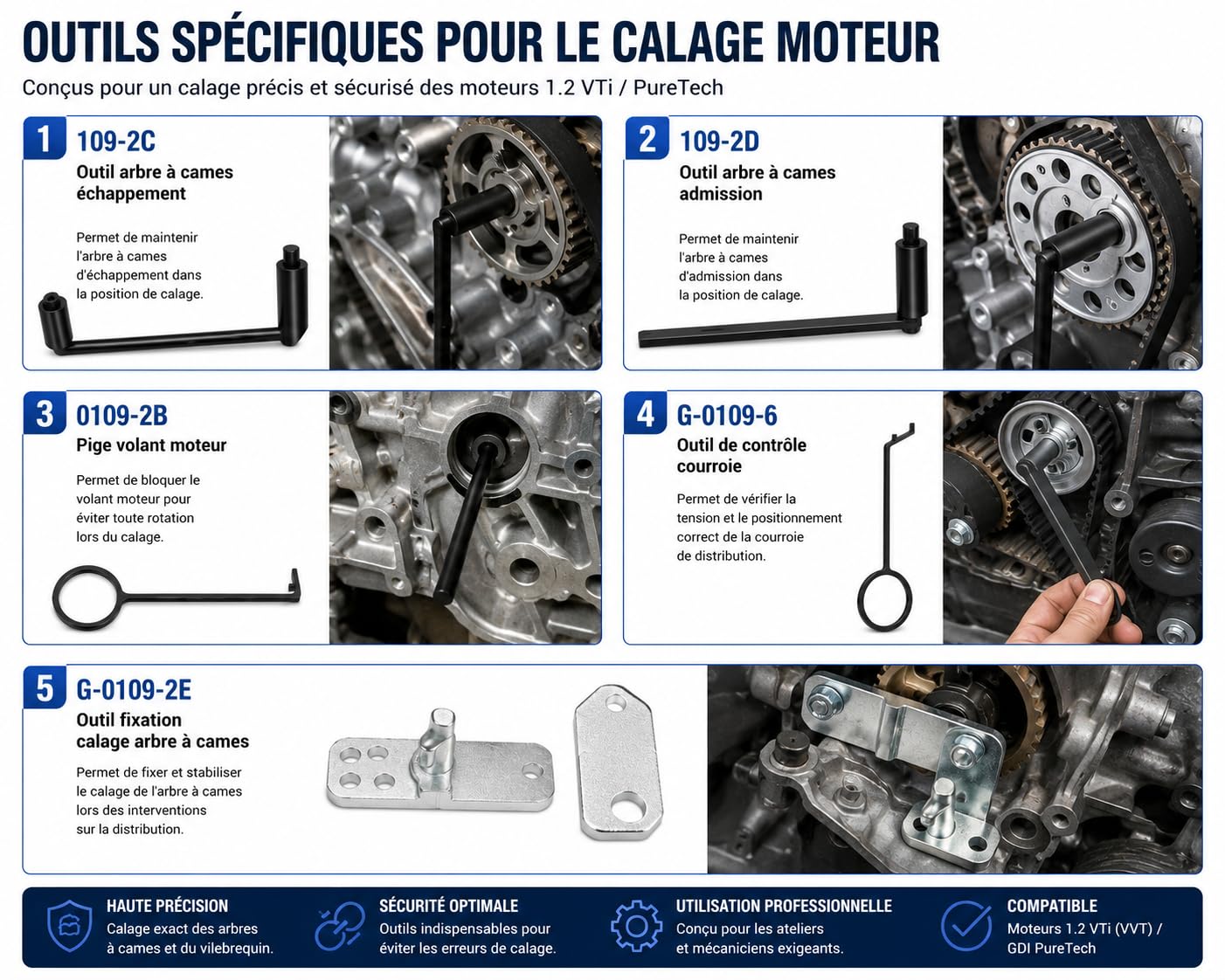 Kit Calage Distribution 1.2 VTi GDI PureTech Essence, Outil Réglage Distribution Compatible avec Citroën Peugeot Opel DS, Moteur 3 Cylindres, 109-2C 109-2D 0109-2B G-0109-2E G-0109-6