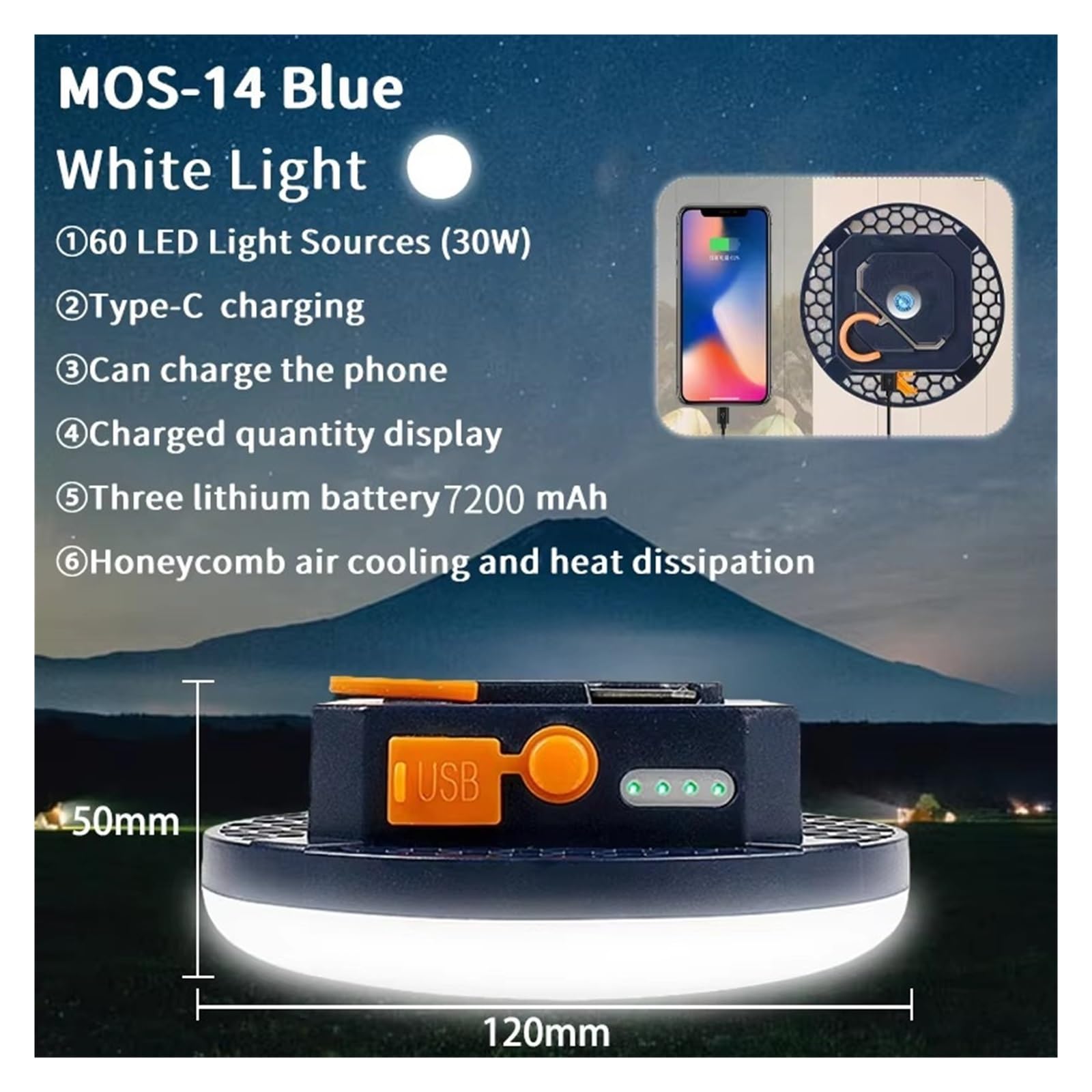Luz LED For Tienda De Campaña, Linterna Recargable 7200Mah, Lámpara Portátil For Acampar Al Aire Libre, Multifuncional Alta Potencia Resistencia Luces SúPer Brillantes(MOS-14-B-W)