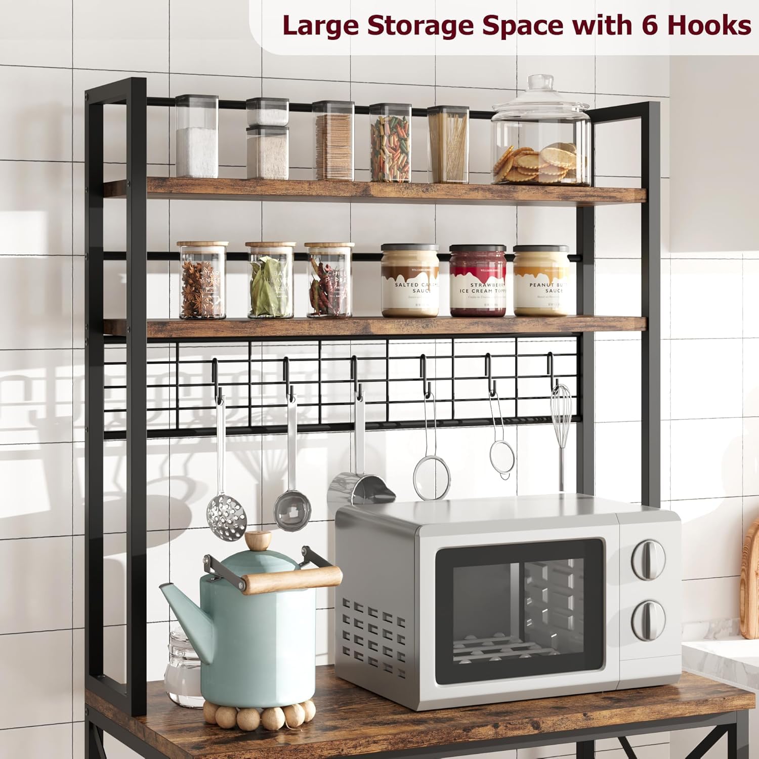 Etagère de Cuisine, Support pour Four à Micro-Ondes avec Rangement, Porte-Café en Bois à 5 Niveaux avec 6 Crochets pour épices, Rangement des Pots, Brun Rustique, 80x40x160cm