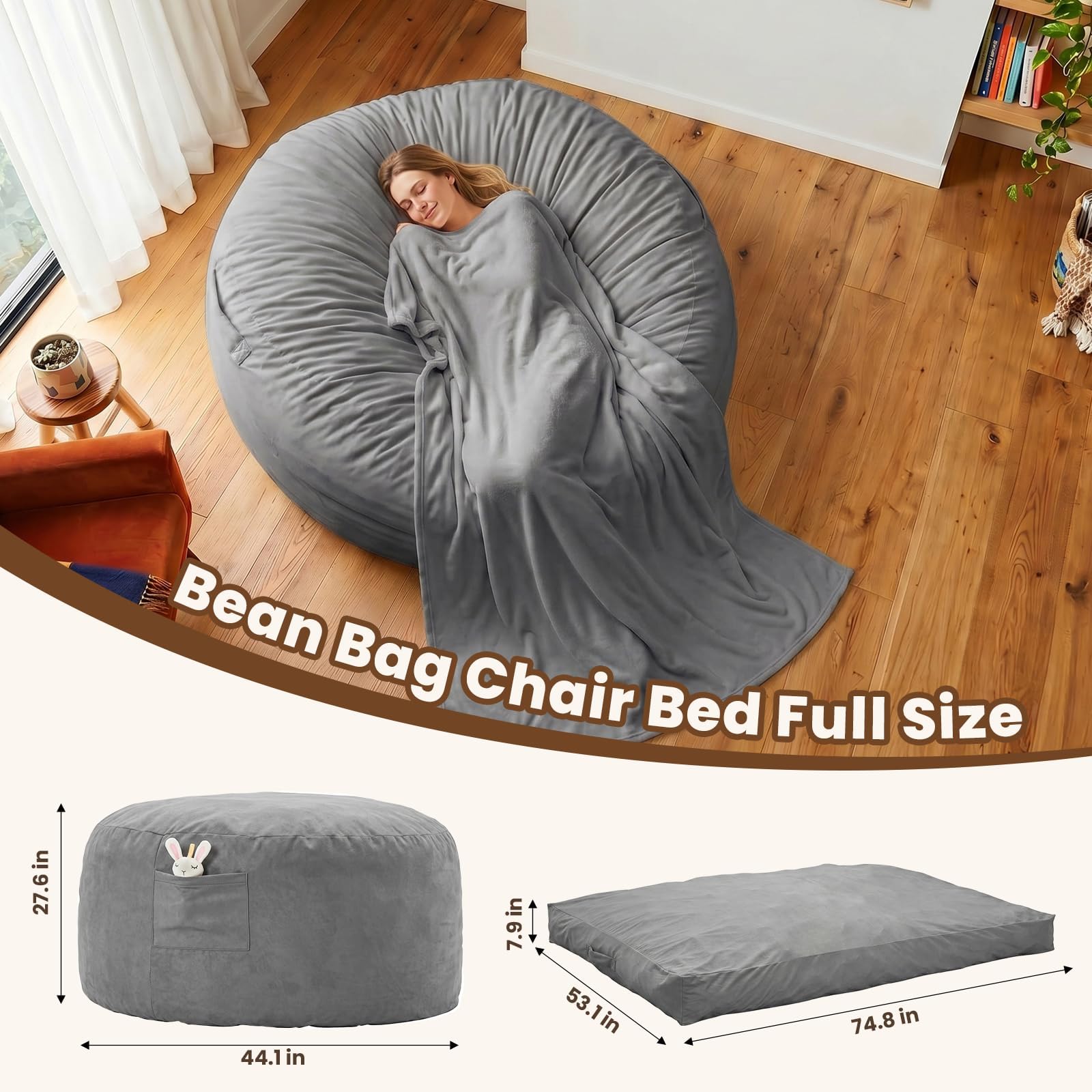 Pouf Lit Convertible en Velours Côtelé, Transformable en Matelas d’Appoint Ultra Confortable, Pouf Salon 3 en 1, Pouf Chambre Utilisable en Futon Matelas de Sol, Gris