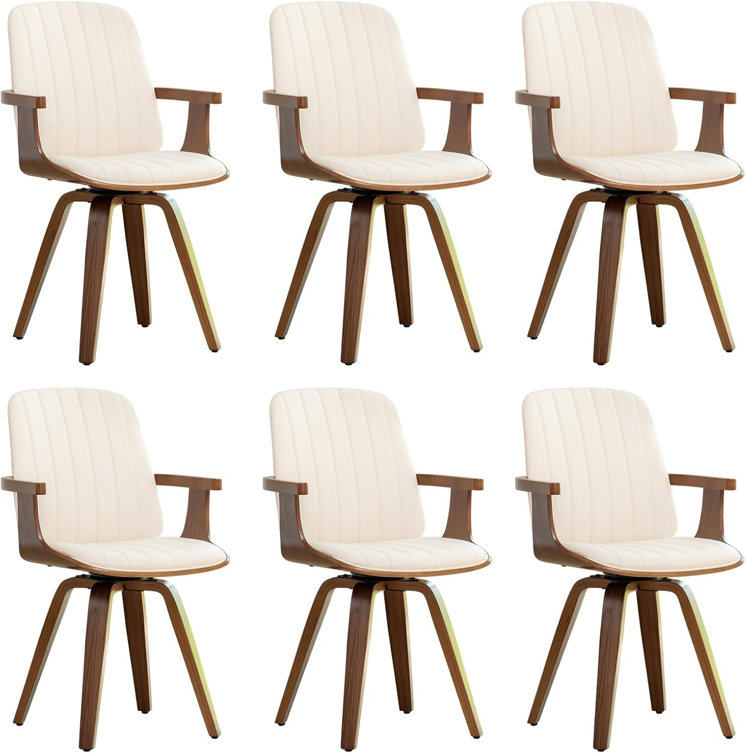 Swivel Dining Chairs Set of 2, Mid Century Modern Dining Chairs with Walnut Craftsmanship, Upholstered Faux Leather , Wooden Arms and Legs, Kitchen Chairs with Arms for Kitchen/Living Room - Beige