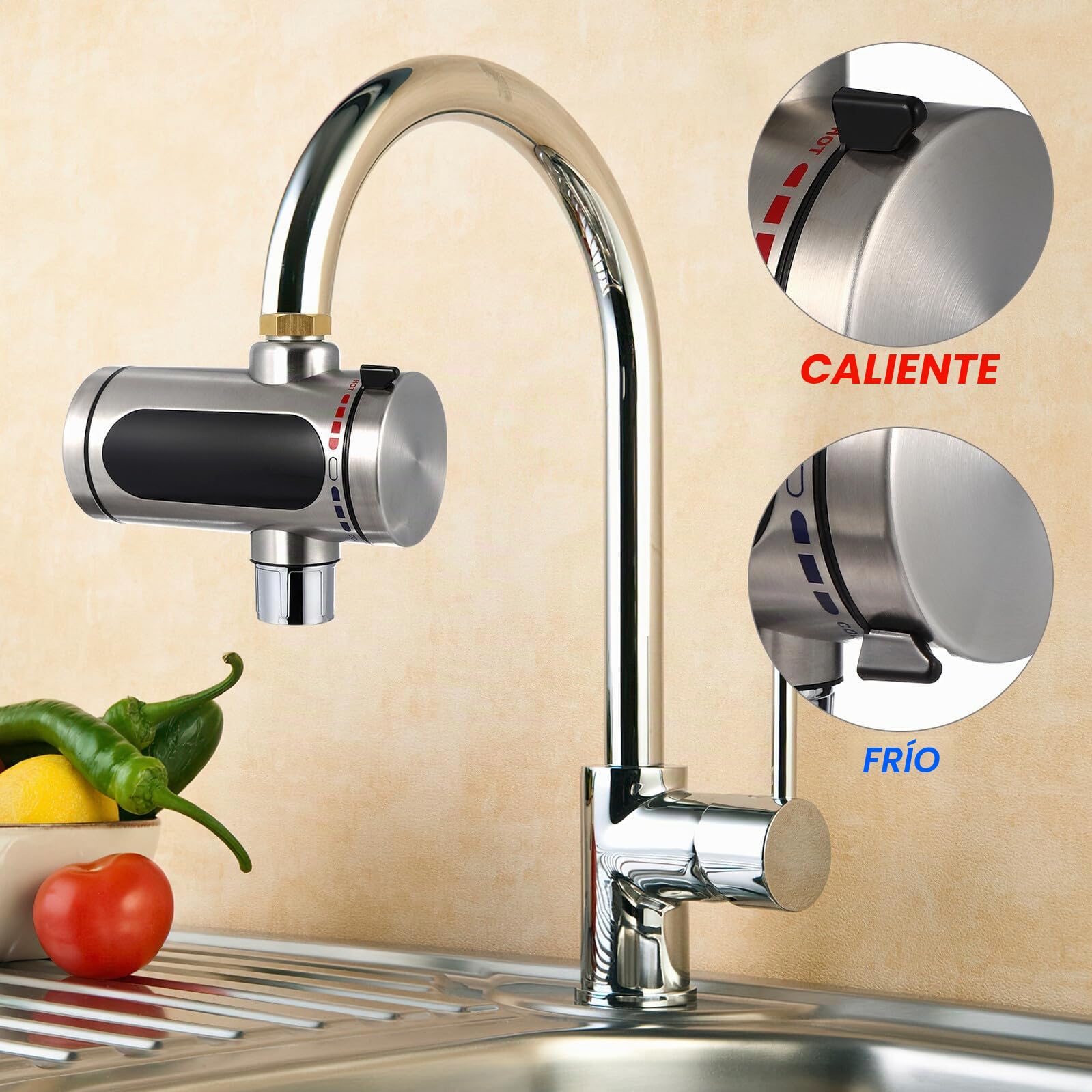 Grifo Calentador Instantáneo de Acero Inoxidable 220 V 3000 W 50 Hz | Pantalla Digital LED, Bobina Integrada, Control de Temperatura, IPX4, Instalación Sencilla, Rotación 360°