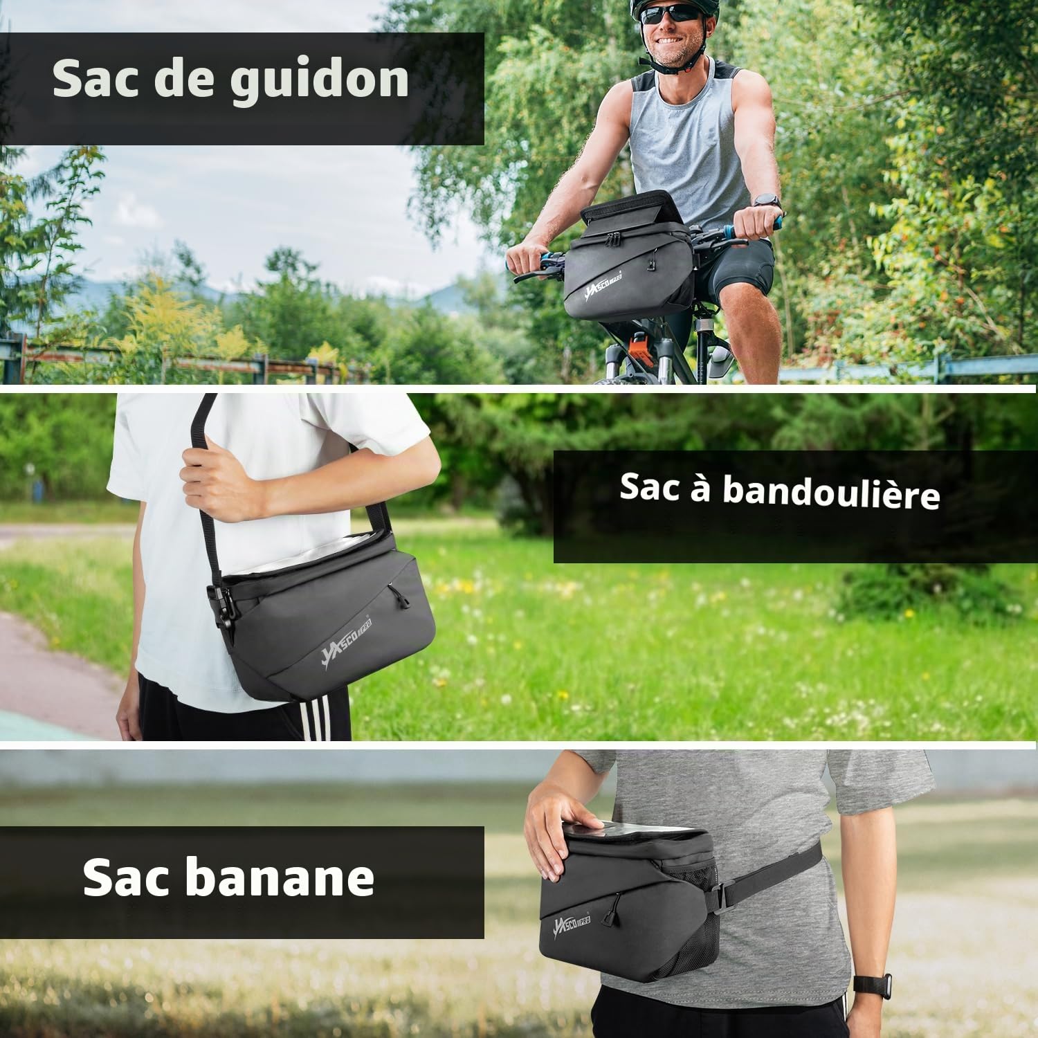 JASCOPRO 3en1 Sacoche Velo Guidon avec Adaptateur, 4.5L | Sac de Rangement Vélo Sacoche de Guidon Vélo Sac de Guidon étanche Sacoche de Guidon de Vélo Sac Avant de Vélo étanche Noir
