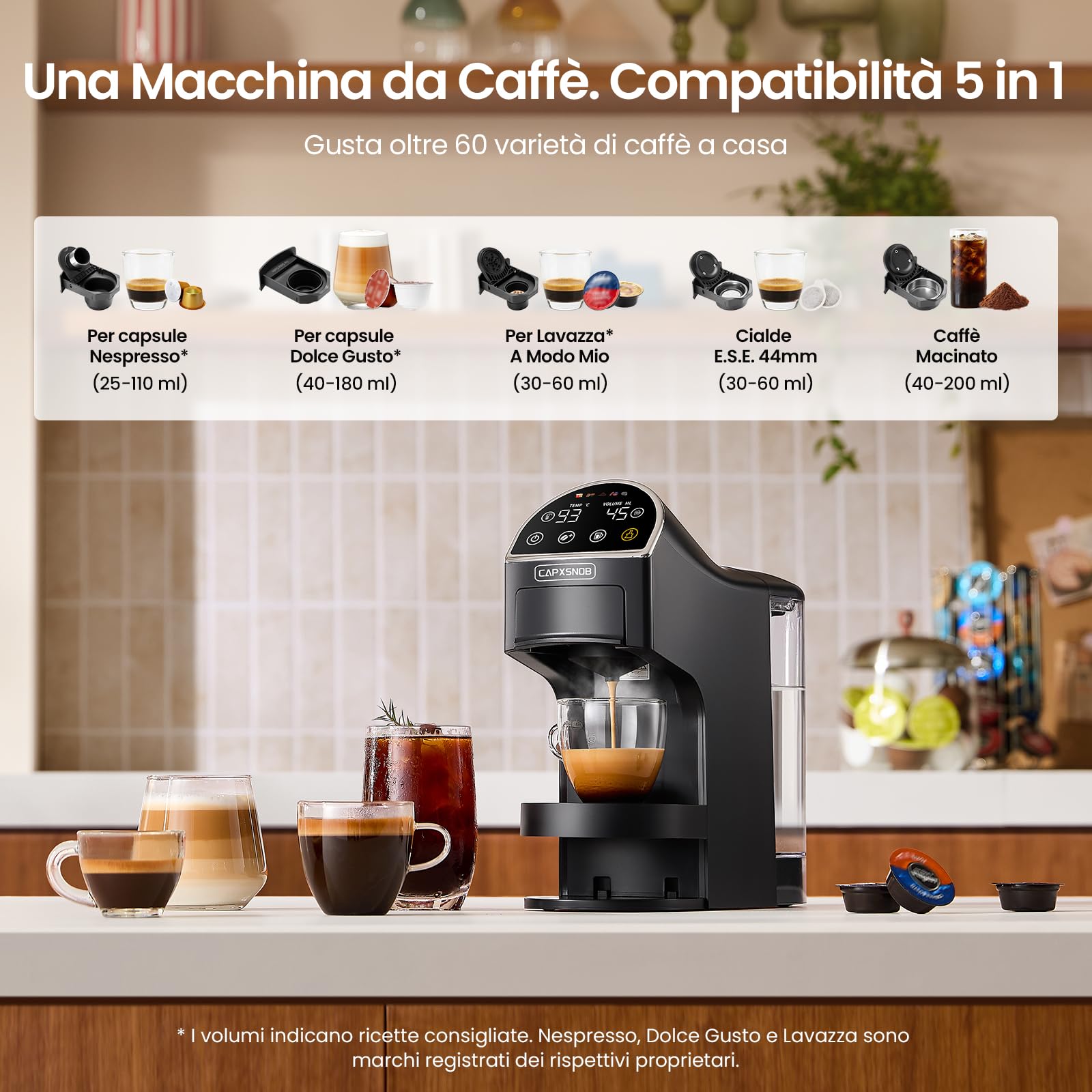 Magician2 Macchina da Caffè Multicapsula 5 in 1 per Nespresso, Dolce Gusto, Lavazza A Modo Mio, Cialde ESE 44 e Macinato, Touch LED, Auto-Adattivo, 20 Bar, 1,2L, Macchina Espresso per Casa e Ufficio