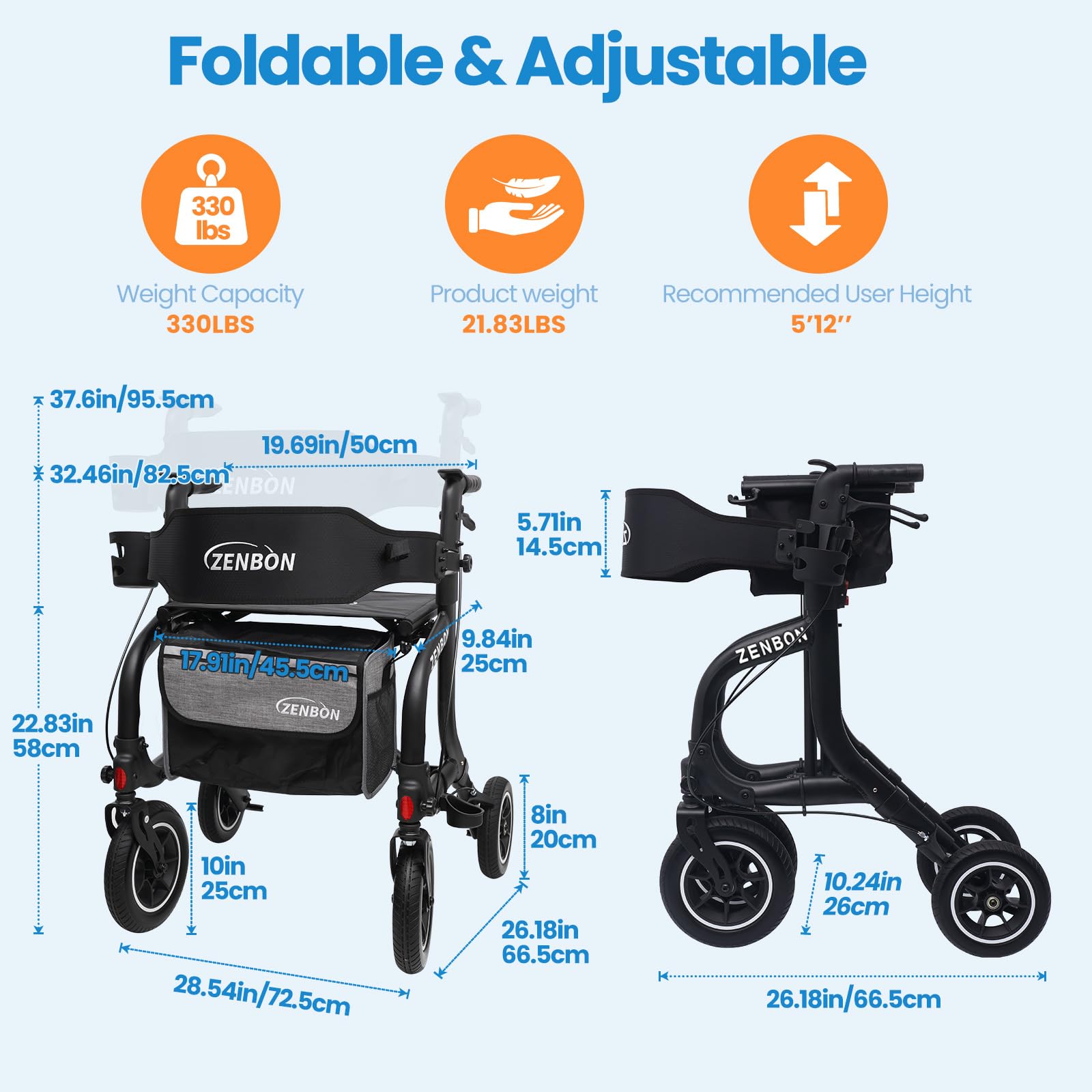Deambulatore per Anziani in Alluminio: Girello 4 Ruote con Seduta Rollator Leggero Pieghevole - Rollator Viaggio Regolabile in Altezza con Porta Bastone e Borsa della Spesa Rimovibile amovible (Nero)