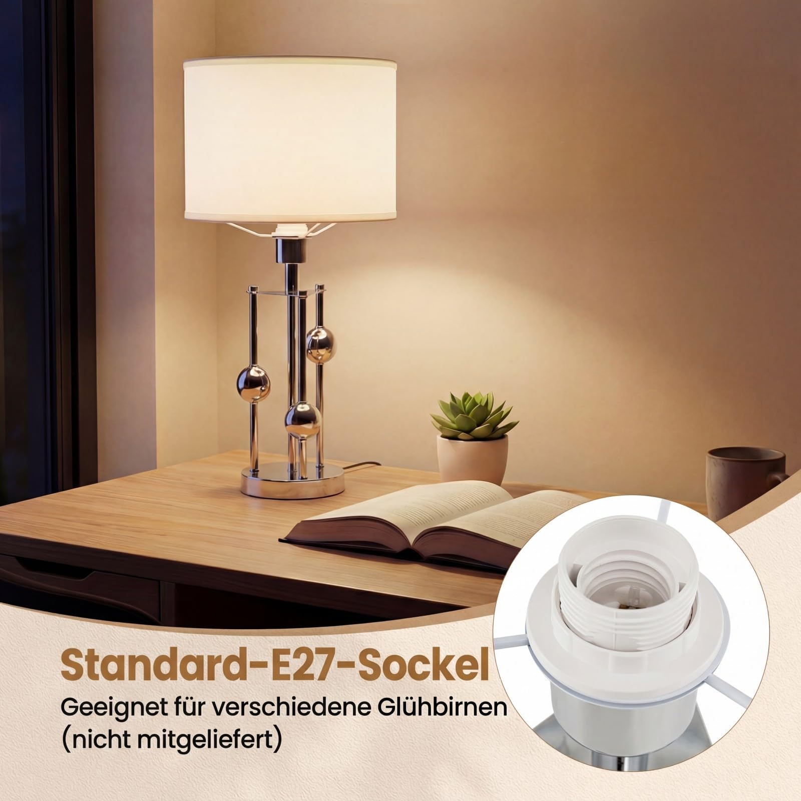 COSTWAY Nachttischlampe mit E27-Fassung, Leinenstoff-Lampenschirm und 3 Dekorativen Kugeln, Moderne Tischlampe, Schreibtischlampe für Schlafzimmer und Arbeitszimmer 30 x 60 cm
