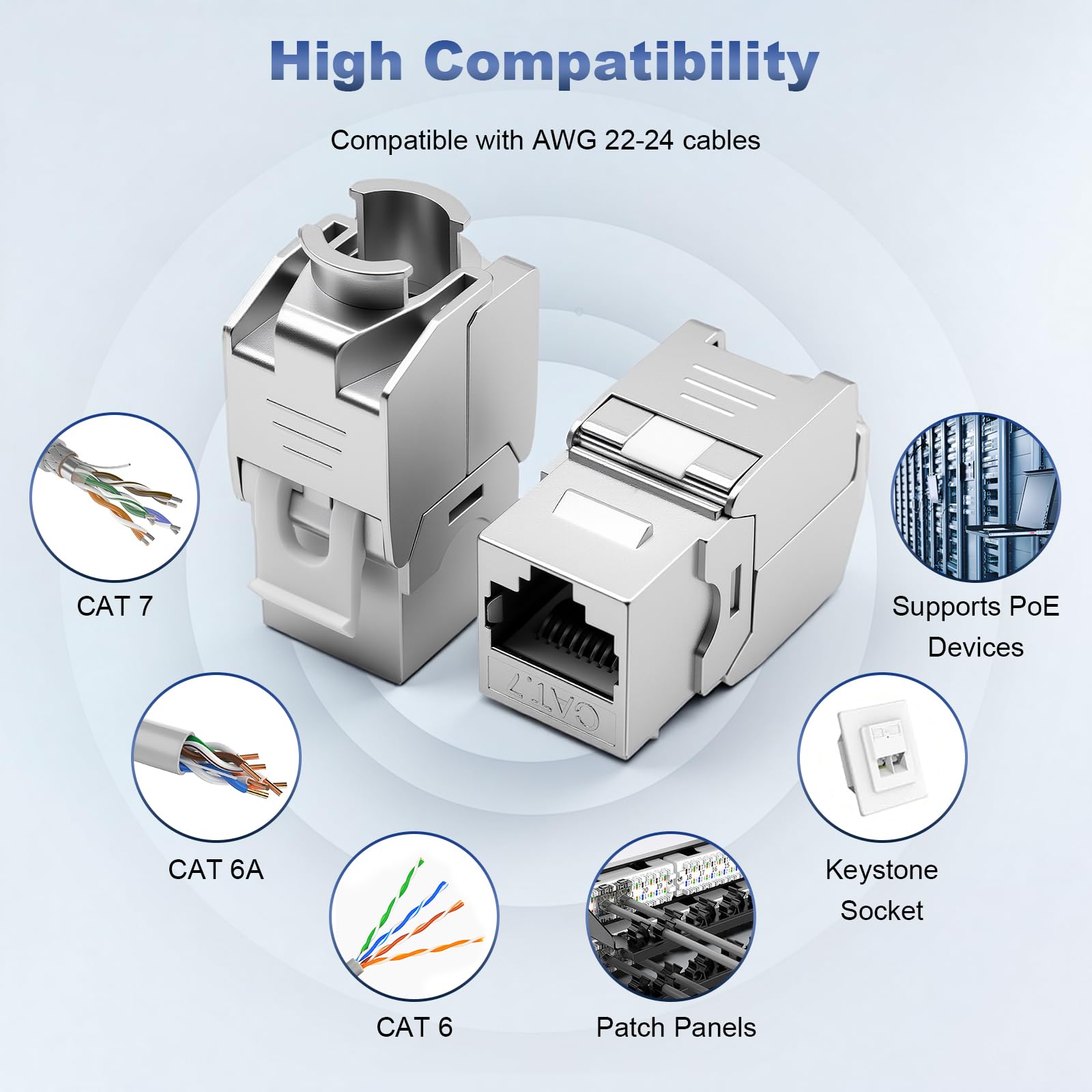 2 Stück CAT 7 Keystone RJ45 Modul Buchse für CAT7 CAT6 CAT6a, Werkzeugloses LSA, 10 Gbit/s Übertragung, Vollgeschirmt STP, Vergoldete Kontakte, CAT 7 Keystone Jack für Patchpanel und Netzwerkdosen