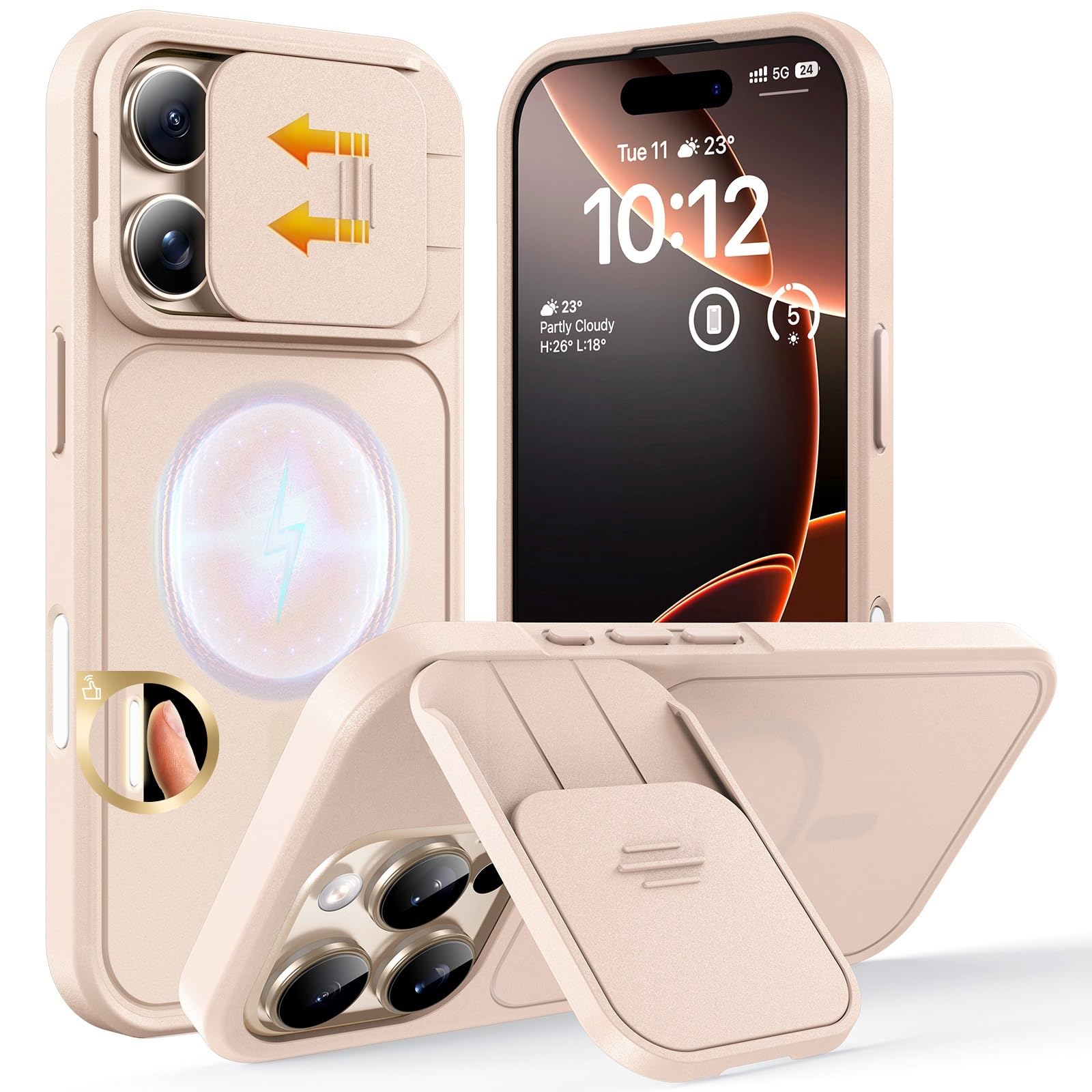 TOCOL for iPhone 16 Pro Case with Slide Camera Cover, Kickstand and Camera Control Button, Fit for MagSafe, Rugged Solid Phone Case, Non-Slip, Drop Protection, Desert