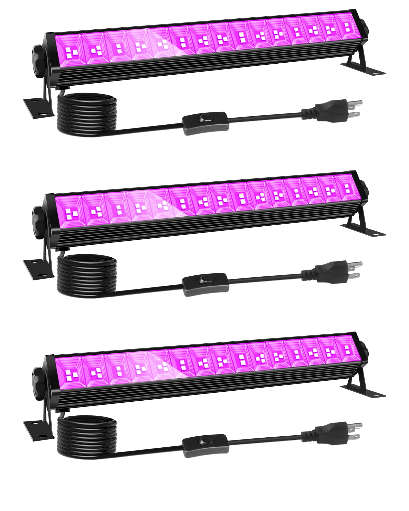 3 Pack 42W LED Black Light Bar, Blacklight Flood Light with Plug & Switch & 5.9ft Power Cord, Each Light Up 24x24ft Area, for Glow Fluorescent Party Bedroom Game Room Body Paint Stage
