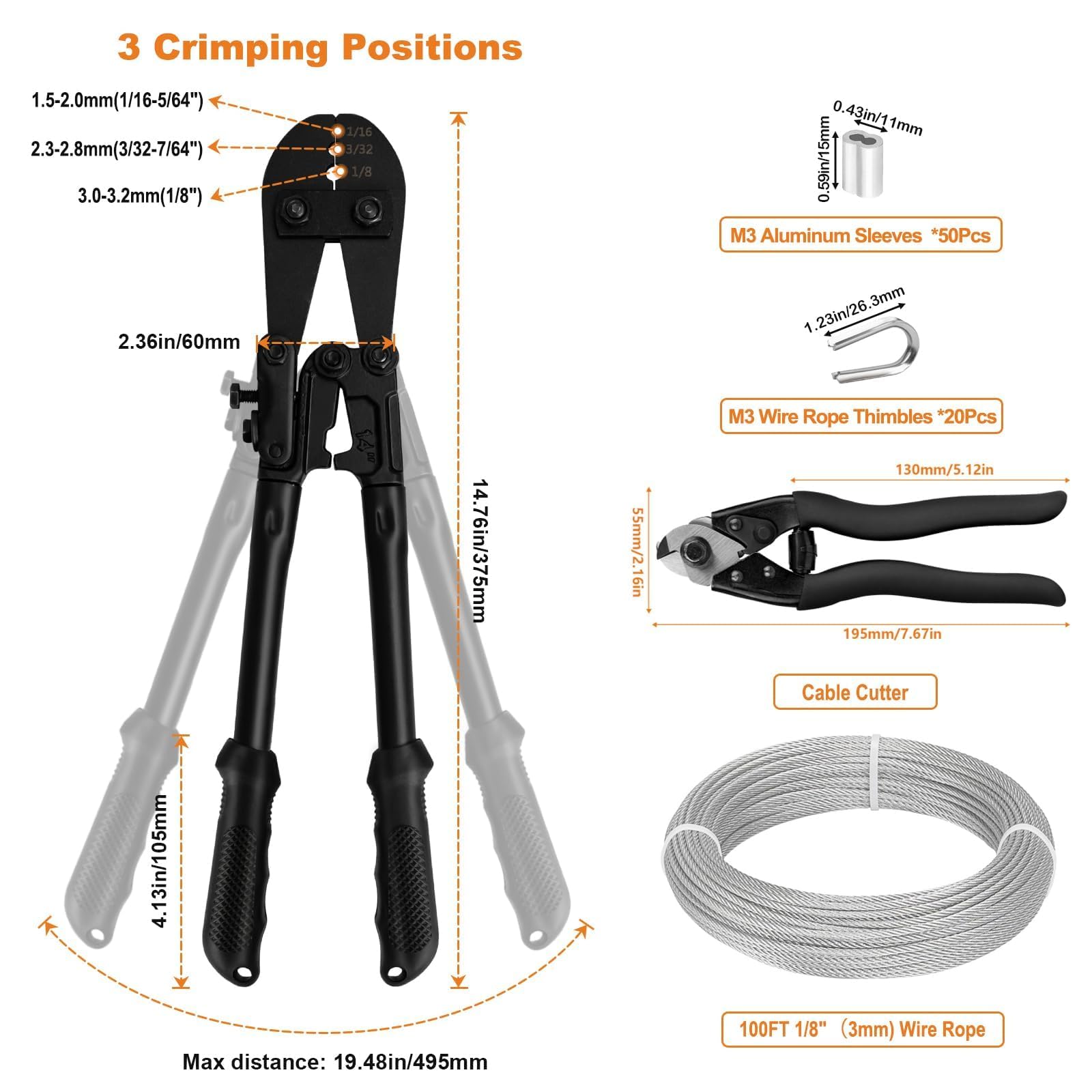 TooTaci Kit de Prensado para Cable de 3mm – Cable de Acero de 30M con Herramienta de Engaste y Cortador – Alambre Metálico para Enrejado, Tendedero, Luces Decorativas y Cortinas