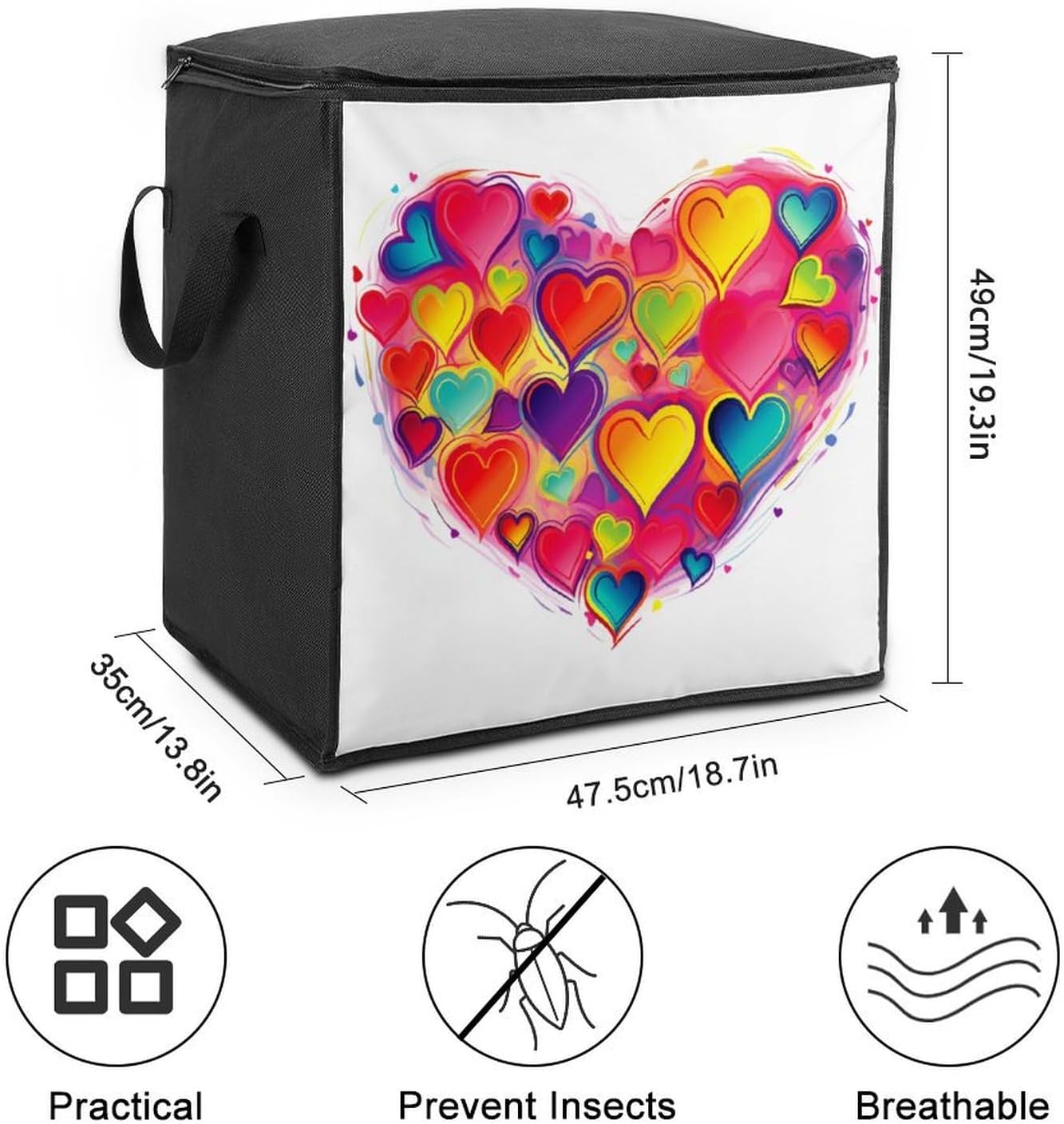 Quilt Storage Bag,Colourful Heart Printed Large Foldable Storage Container Portable Travel Storage Bag for Blankets, Quilts, Clothes, Comforter, Bedding And Pillows