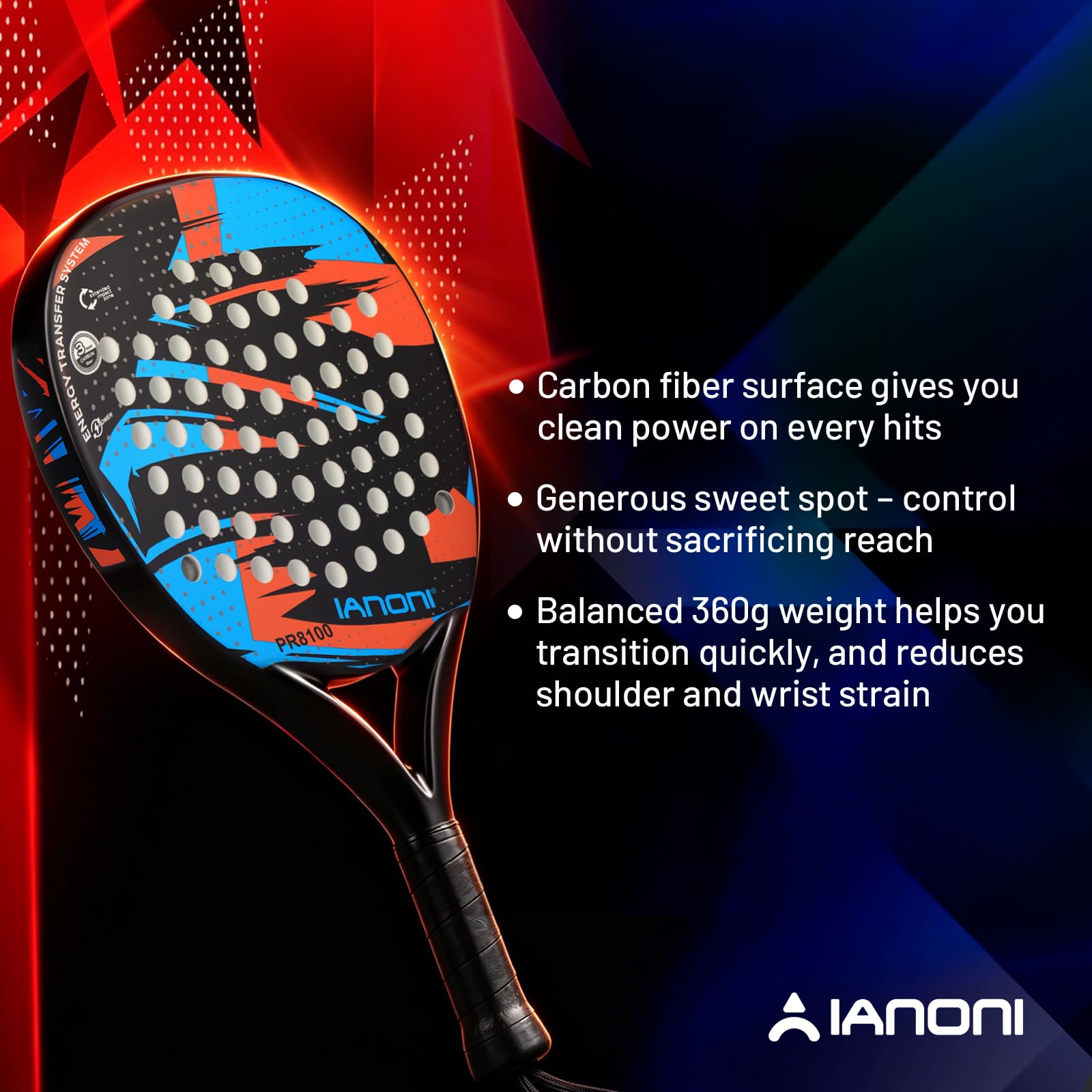 ianoni Racchetta da padel con superficie in fibra di carbonio con nucleo in schiuma EVA Memory Flex, arancione