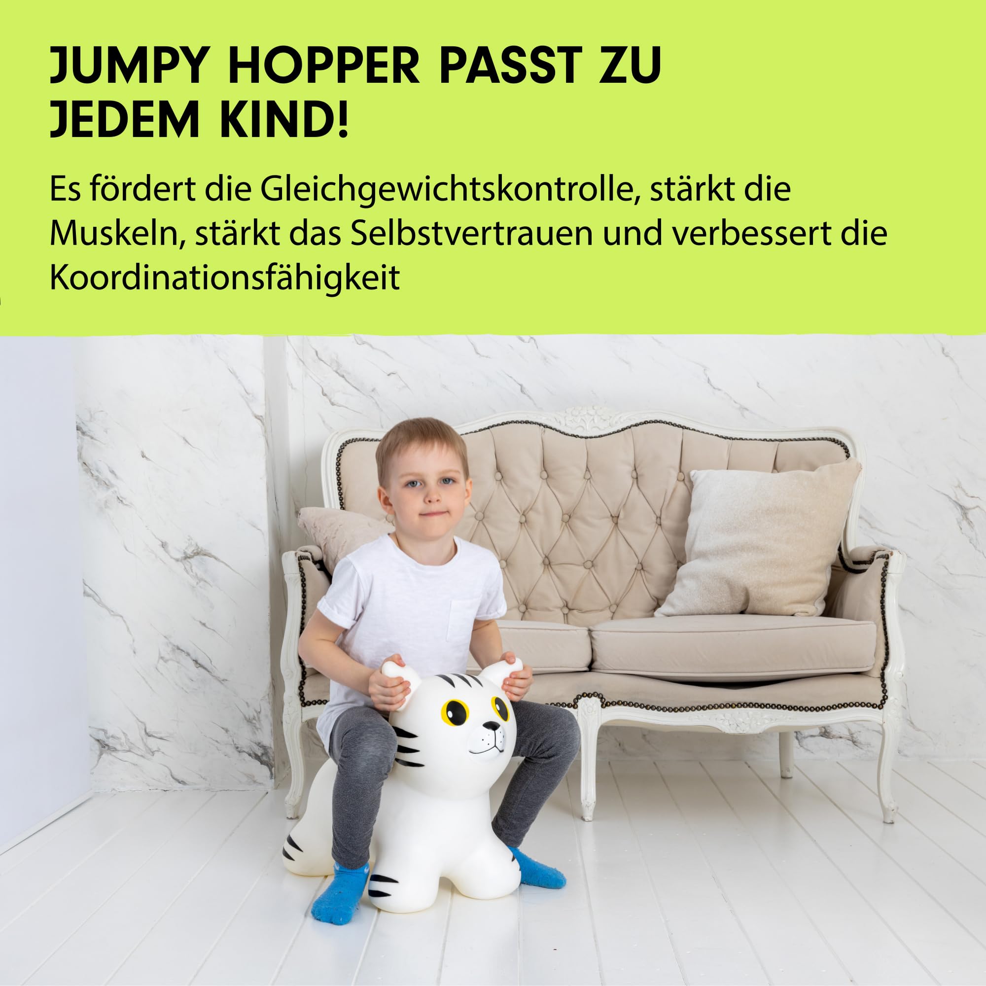 GERARDO'S Toys My First Jumpy für Kinder ab 1 Jahr, Bouncy Hopper Ride on Animal White Cat mit Pumpe enthalten, aufblasbare Hüpfburg für Kleinkinder drinnen und draußen