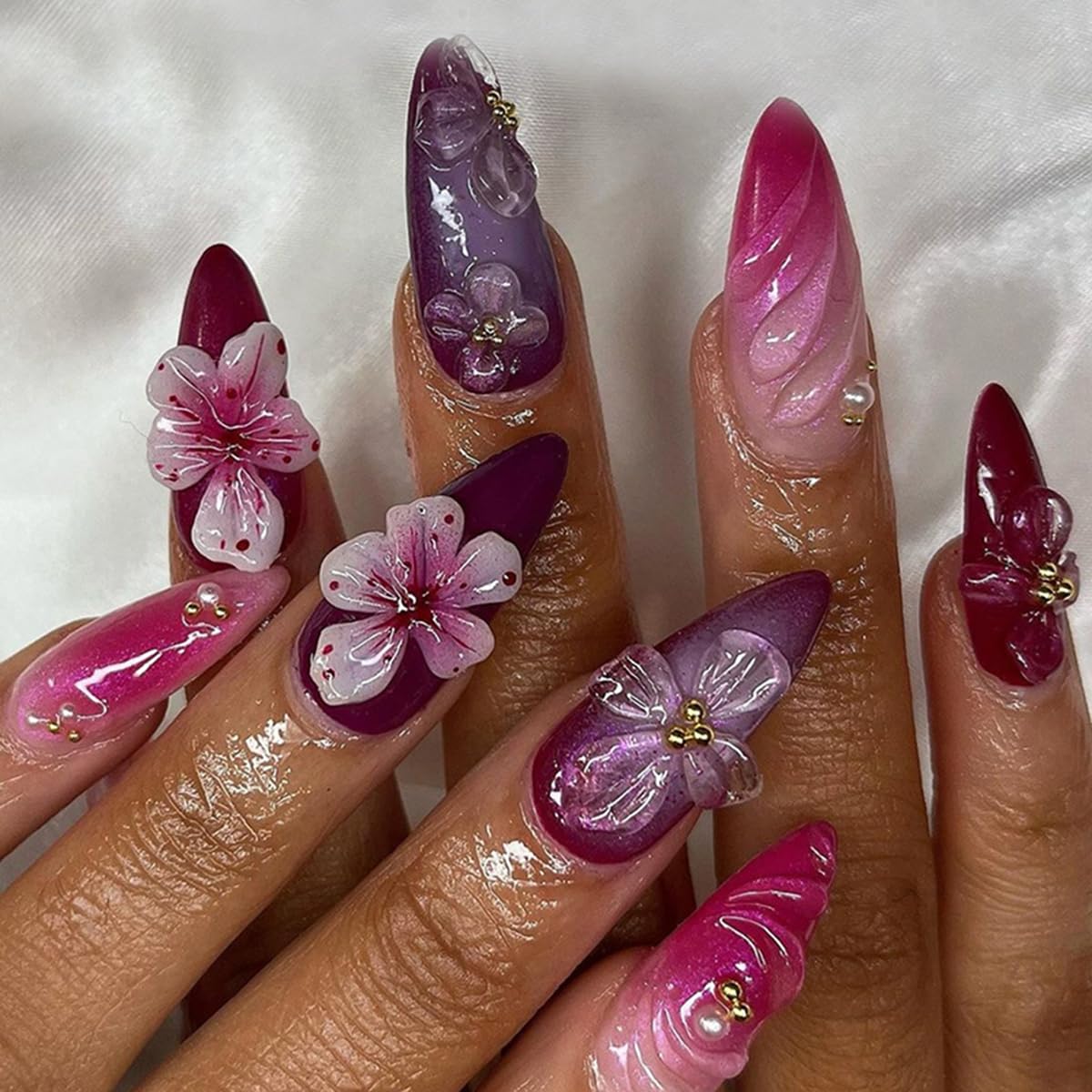30 Pcs Dark Purple Press on Nails Short Almond - YEFIUO Spring Wine Red Fake Nails Press ons French Nail Art Tip Full Cover Acrylic False Nails Glue on Nails Kit with 3D Small Flowers Design for Women