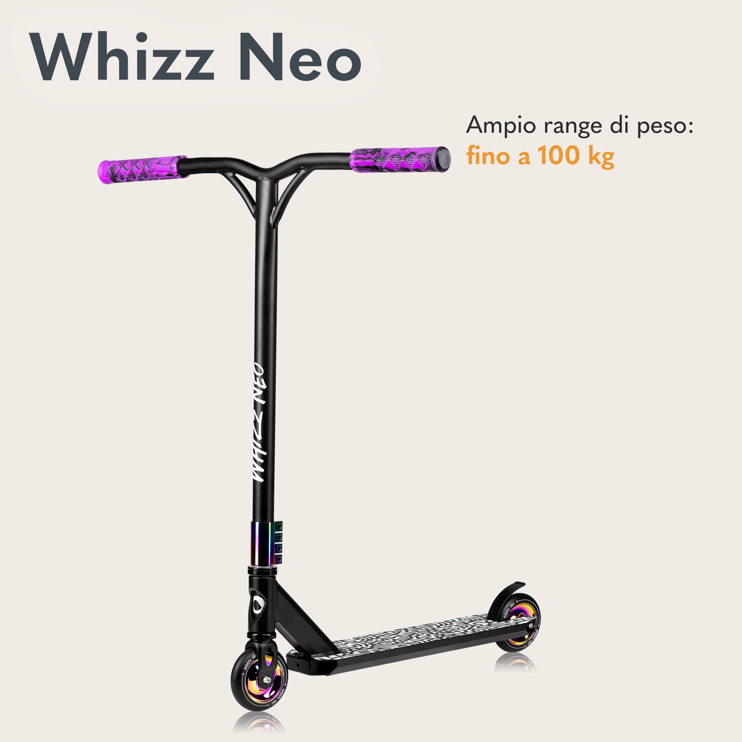 LIONELO Whizz Monopattino Stunt Scooter Freestyle, Cuscinetti ABEC-9 Deck in Alluminio Sistema di Compressione HIC Ruote da 110 mm Manubrio a T Largo, Freno Flex Fender MN Steel, Design Unico (Neon)