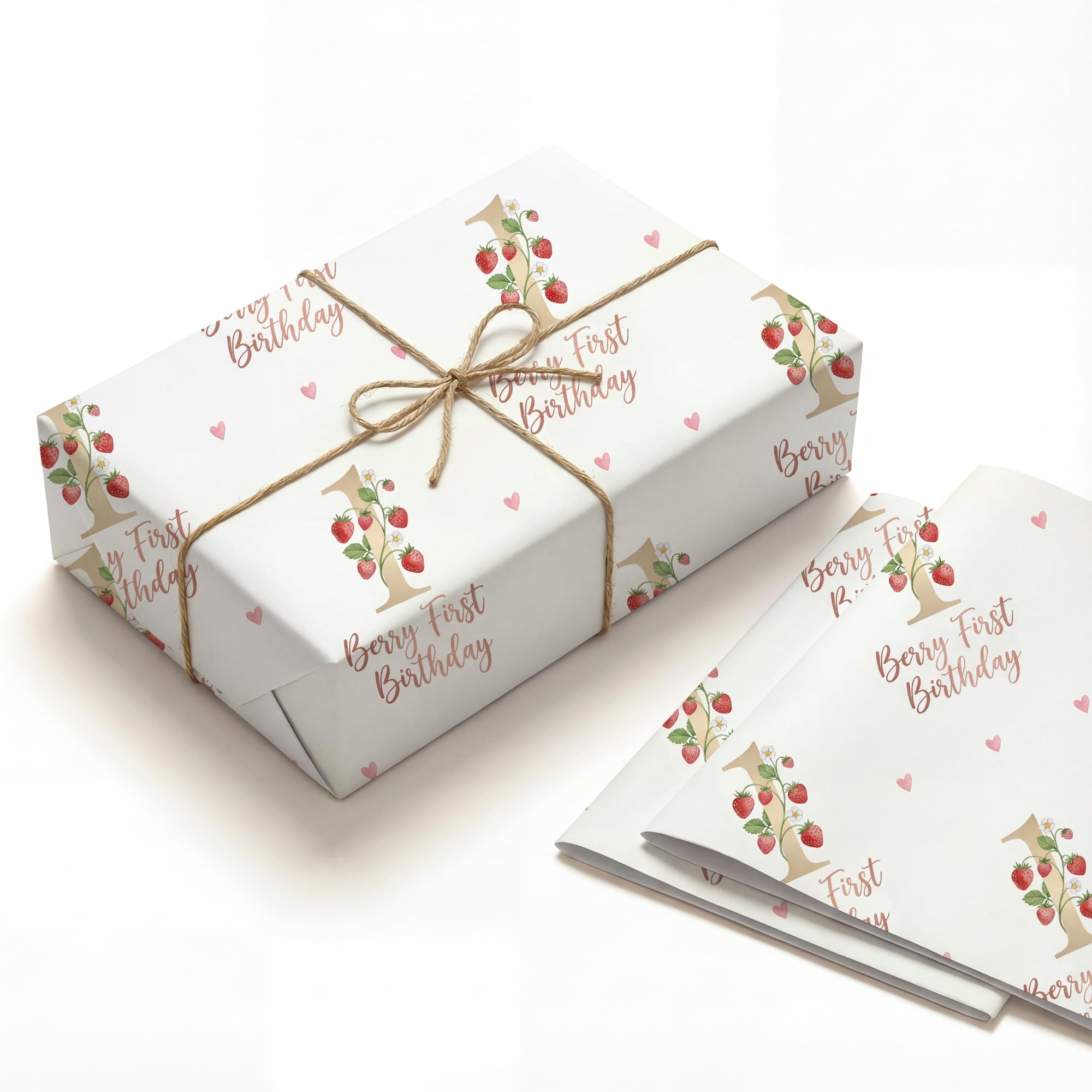 Strawberry Berry First Birthday Wrapping Paper Folded Sheets, 120GSM Thick Kraft Wrapping Paper for Girls, Number 1 Floral Print Present Packaging for Baby Daughter, 2 Pack
