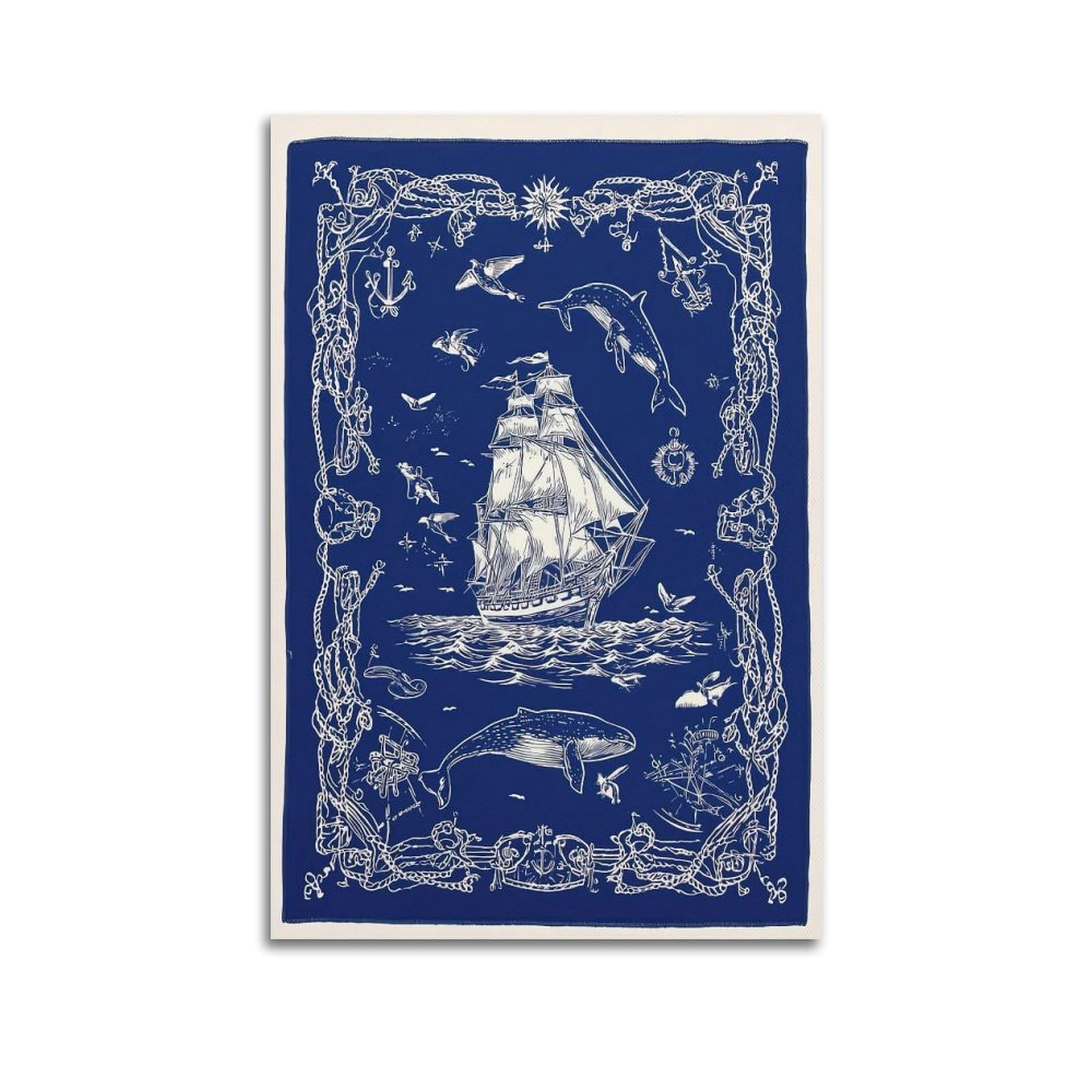 OKAHYS Vintage Blue Sailboat And Marine Life Artwork Poster Decorative Painting Canvas Wall Artworks Picture 24x36inch(60x90cm)