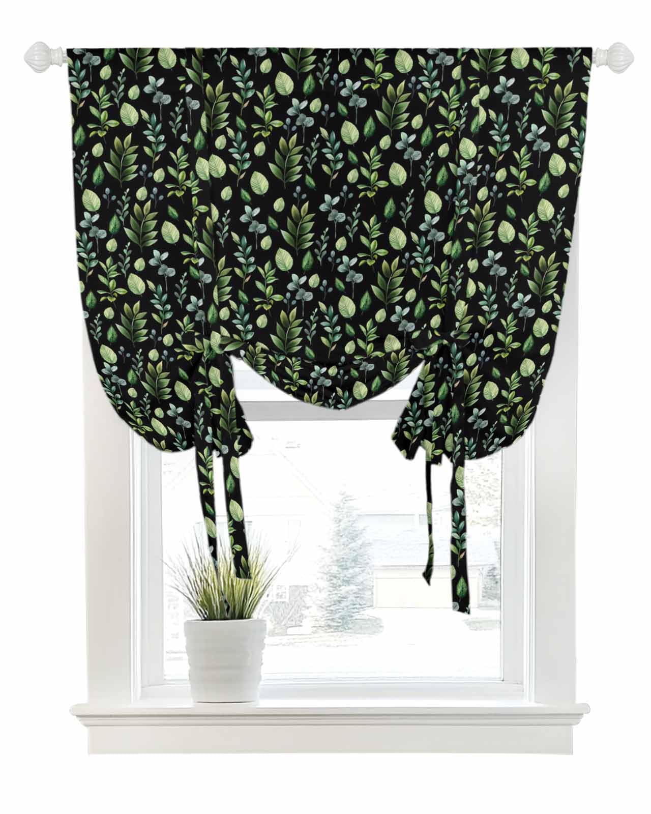 Tie Up Curtains for Windows Watercolor Farm Green Leaves Rod Pocket Tie-Up Window Shade Adjustable Balloon Curtain Valance Country Plant on Black for Bedroom Kitchen Bathroom Blinds,34x45in