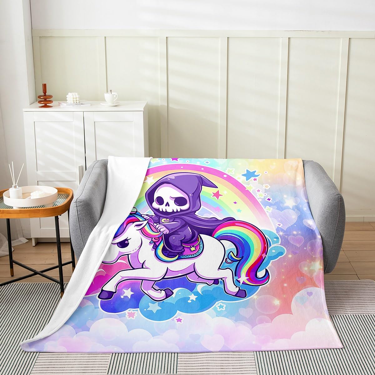 Happy Halloween Bed Blanket All Seasons,Cartoon Ghost Cute Unicorn Flannel Blanket for Room Decor,Watercolor Cloud Rainbow Fleece Blanket for Kids,Super Soft Blanket,Twin 60