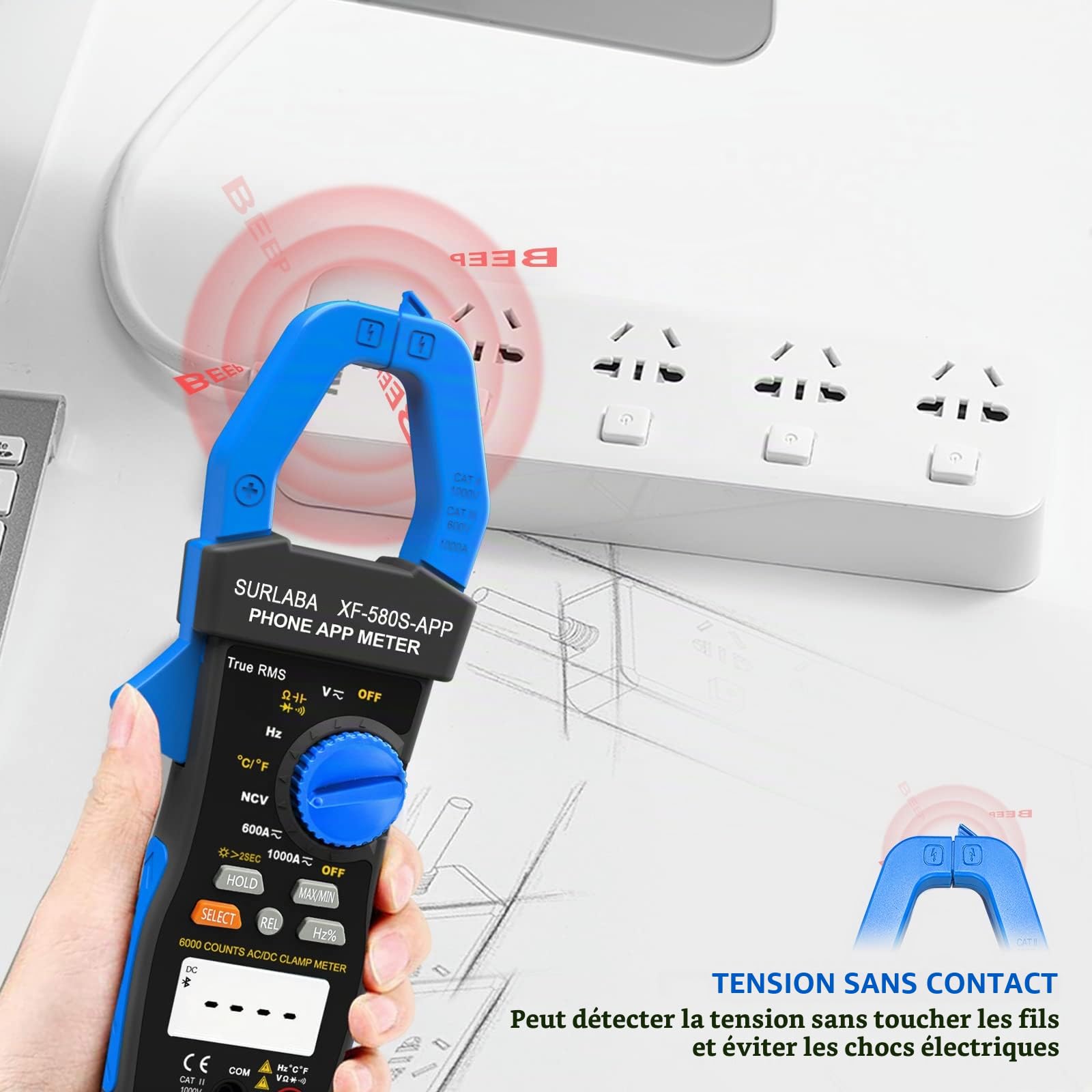 Bluetooth Pince Ampèremétrique, NCV AC DC Clamp Multimètre Numérique TRMS, 6000Count Tension Courant Meter App Support, Voltmètre Ampèremètres avec Continuité Température Résistance Diode Capacité Hz
