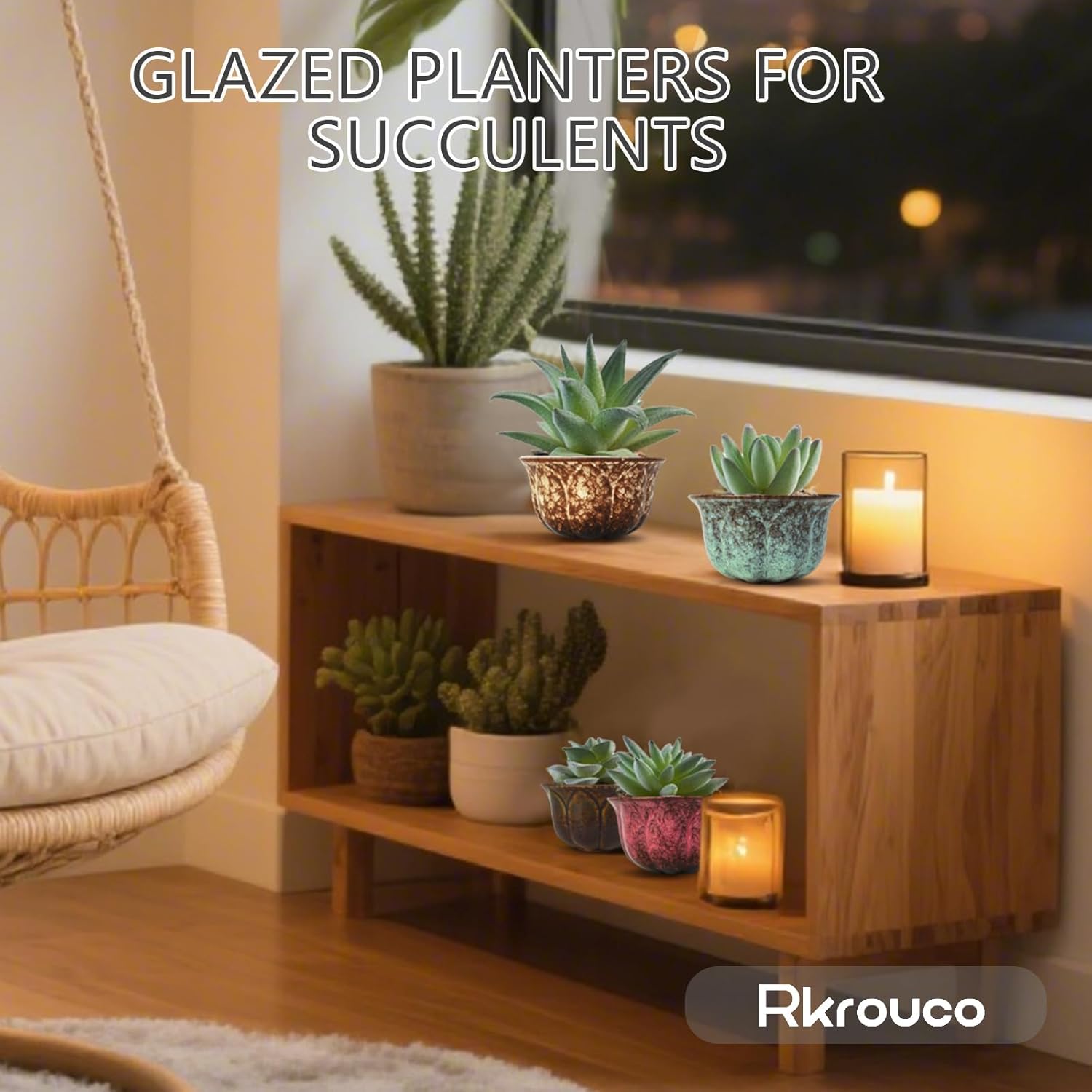 Ceramic Plants Pots 3 Inch Set of 4 Flower Pots with Drainage and Bamboo Tray for Indoor/Outdoor Small House Plants,Foliage Plant