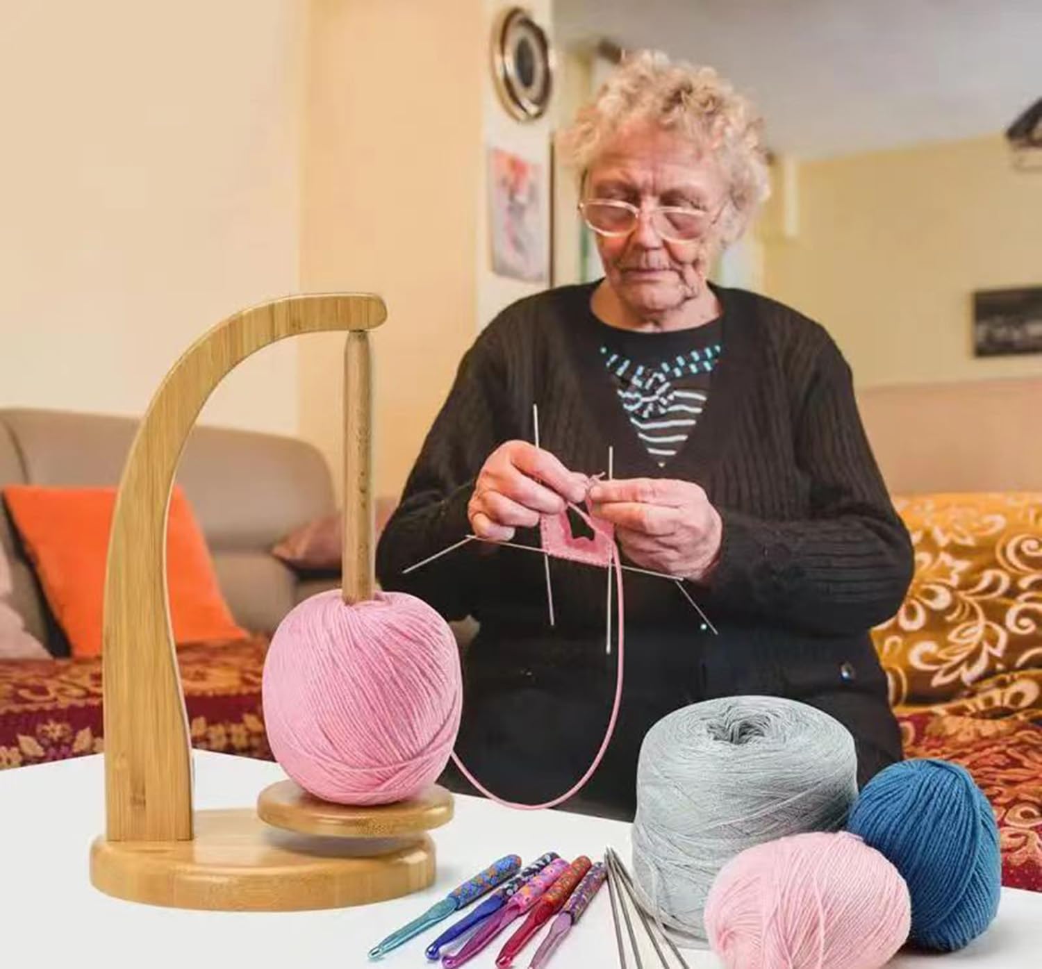 Bobinadora de Lana, bobinadora de Hilo Giratorio, Soporte magnético para Carrete de Hilo, para Accesorios de Tejido, Regalos, bobinadora de Hilo, Soporte para Carrete de Hilo (Madera)