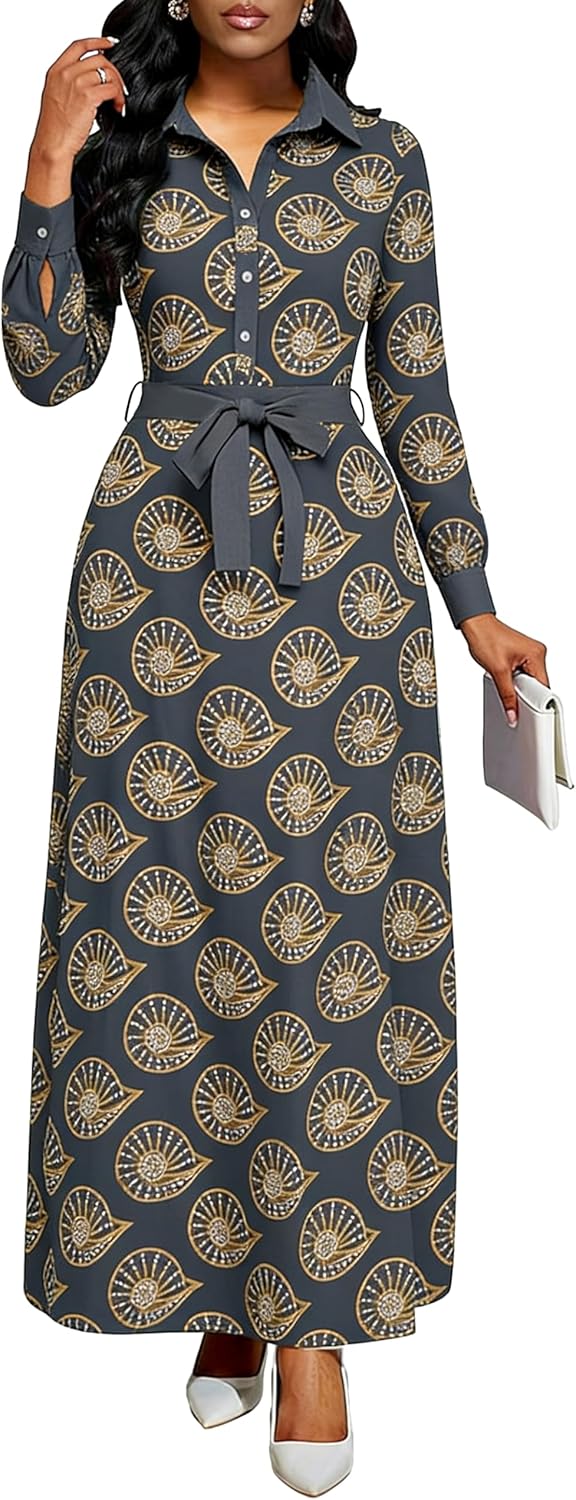 MsavigVice Women Church Maxi Dresses Long Sleeve Button Down Floral Print African Long Dress with Pockets