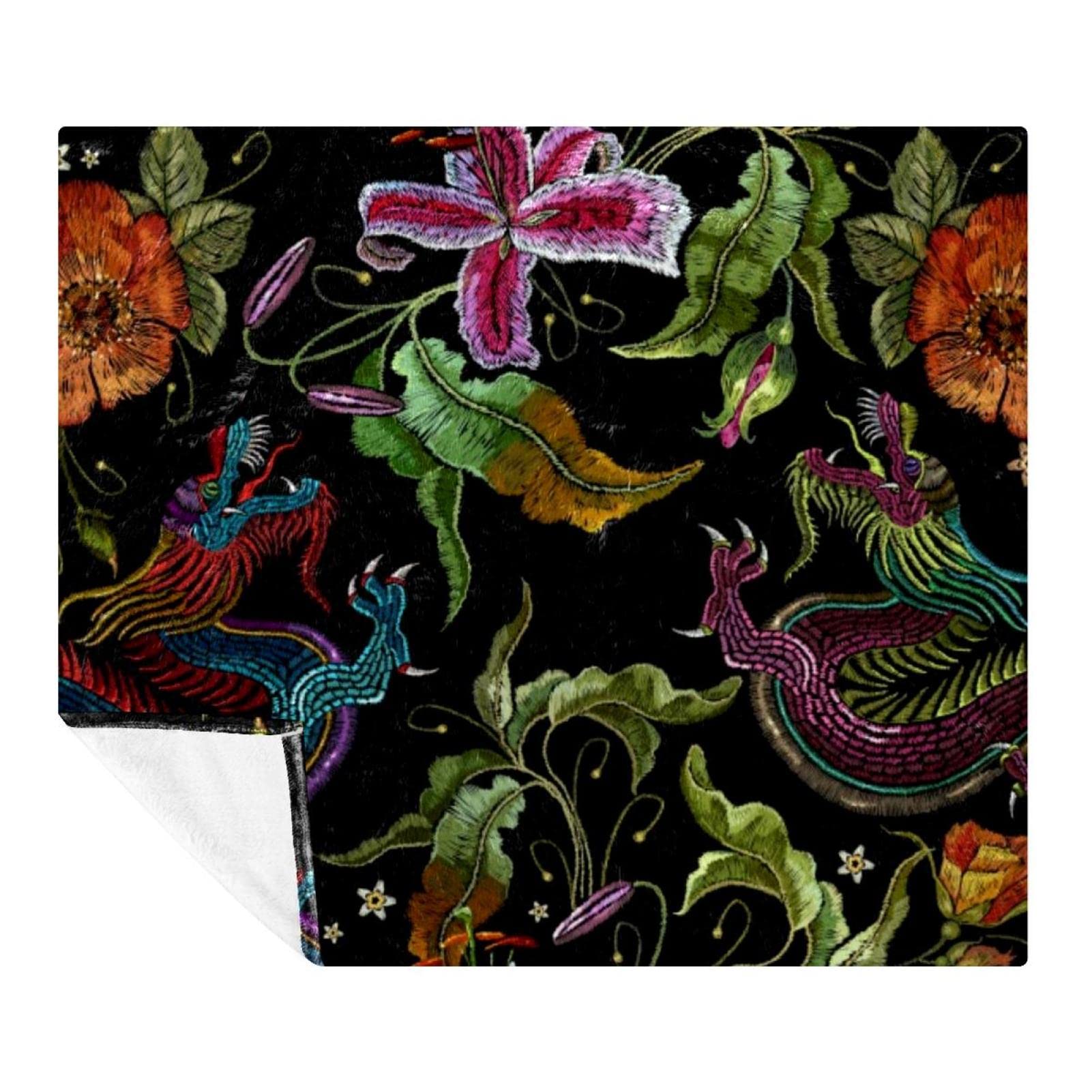 Couverture dragon brodé et roses en microfibre luxe pour lit 150x130